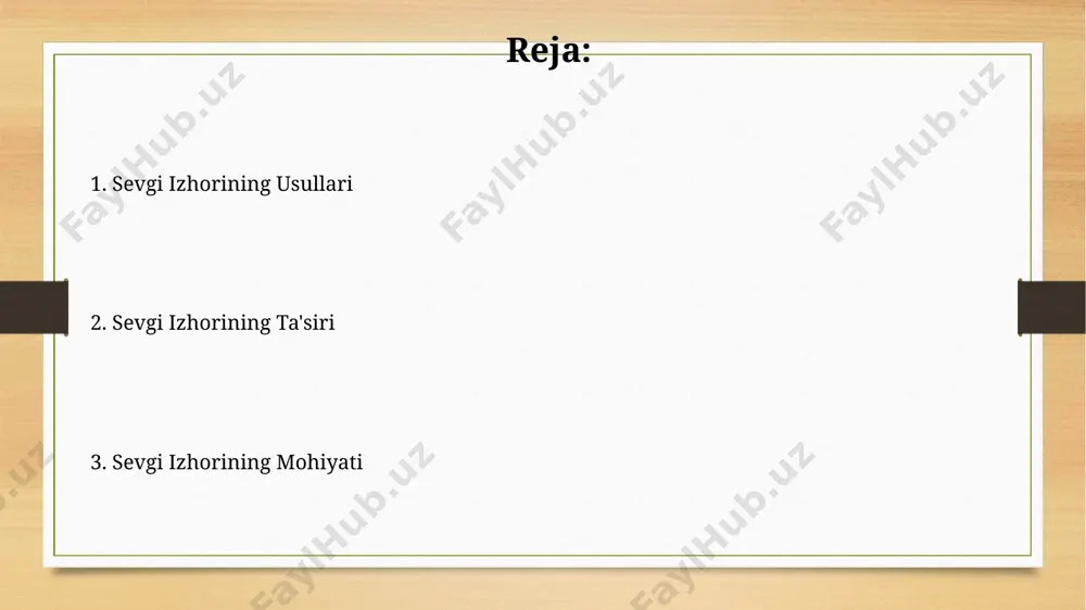 i izhoridan keyingi munosabatlar sevgi izhoridan keyin munosabatlarning 70% muvaffaqiyatli rivojlanishi sheriklarning o'zaro ishonchi va ochiq muloqotiga bog'liq. oilaviy psixologlarning kuzatishlariga ko'ra, izhoridan keyingi 6 oy davomida munosabatlarning 25% ajralish bilan yakunlanadi, ammo bu ko'rsatkich turli omillarga bog'liq. sevgi izhorining turlari sevgi izhorining intensivligi individual farqlarga va munosabatlarning bosqichiga bog'liq bo'lib, birinchi uchrashuvda 2-3 turdagi ifoda, uzoq muddatli munosabatlarda esa 4-5 turdagi izhorlar kuzatiladi. muvaffaqiyatli munosabatlarning 70% i samimiy sevgi izhorlariga, jumladan, minnatdorchilik bildirish va maqtovlarga bog'liqdir; qolgan 30% esa boshqa omillarga. e'tiboringiz uchun rahmat @taqdimot_robot image7.jpg image8.jpg image9.jpg image10.jpg image11.jpg image12.jpg image13.jpg image3.png image4.png
