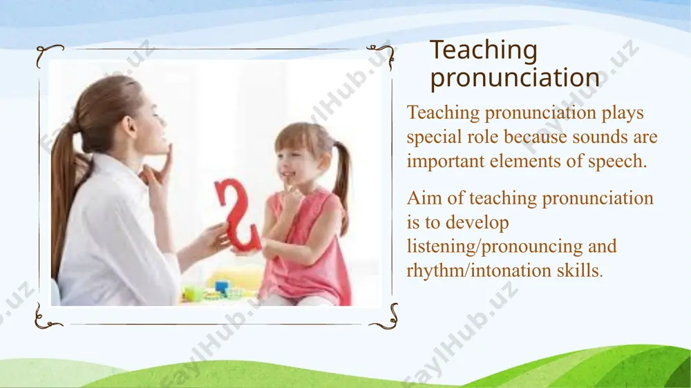 he new sound requires imitative and analyzed kinds of work. in methodology they are called imitative and analyzed methods of teaching pronunciation. methods of teaching pronunciation imitative method analysis-method. methods of teaching pronunciation. imitative method is natural and simple. but it is based on unconscious acquisition of the language and its pronunciation. imitation requires from the teacher accurate pronunciation and from the pupil sharp hearing ability. analysis-method requires the work through consciousness, which results in the development of logical thinking. understanding and uttering of a pronunciation unit is fulfilled via analysis. methods of teaching pronunciation imitative analysis (analytic) similar sounds difficult sounds teacher pronounces learner repeats teacher explains (places of articulation ) and repeating listening and repeating listening, explanation and repeating think and answer what sounds you will teach through imitative and analysis methods? technologies of teaching pronunciation (grades 1-4) at this stage, as pupils just start learning english, pronunciation …