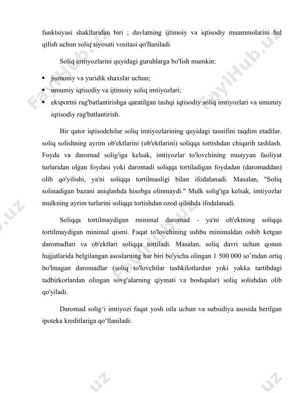ator iqtisodchilar soliq imtiyozlarining quyidagi tasnifini taqdim etadilar. soliq solishning ayrim ob'ektlarini (ob'ektlarini) soliqqa tortishdan chiqarib tashlash. foyda va daromad solig'iga kelsak, imtiyozlar to'lovchining muayyan faoliyat turlaridan olgan foydasi yoki daromadi soliqqa tortiladigan foydadan (daromaddan) olib qo'yilishi, ya'ni soliqqa tortilmasligi bilan ifodalanadi. masalan, "soliq solinadigan bazani aniqlashda hisobga olinmaydi." mulk solig'iga kelsak, imtiyozlar mulkning ayrim turlarini soliqqa tortishdan ozod qilishda ifodalanadi. soliqqa tortilmaydigan minimal daromad - ya'ni ob'ektning soliqqa tortilmaydigan minimal qismi. faqat to'lovchining ushbu minimaldan oshib ketgan daromadlari va ob'ektlari soliqqa tortiladi. masalan, soliq davri uchun qonun hujjatlarida belgilangan asoslarning har biri bo'yicha olingan 1 500 000 so’mdan ortiq bo'lmagan daromadlar (soliq to'lovchilar tashkilotlardan yoki yakka tartibdagi tadbirkorlardan olingan sovg'alarning qiymati va boshqalar) soliq solishdan olib qo'yiladi. daromad solig‘i imtiyozi faqat yosh oila uchun va subsidiya asosida berilgan ipoteka kreditlariga qo‘llaniladi: · davlat budjetidan ajratilgan subsidiya asosida olingan ipoteka kreditlari va ularga hisoblangan foizlarga yoʻnaltirilgan mhtekmning 80 baravarigacha boʻlgan …
