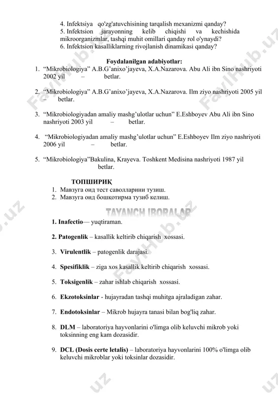 yillab) davom etishi bilan xarakterlanadi. masalan: bezgak, zaxm, sil, brutsellyoz, lepra va boshqalar. agar infektsiya bir turdagi mikroorganizm ta'sirida kelib chiqsa monoinfektsiya deyiladi. organizm bir vaqtning o'zida 2-3 xil mikrob yuqishi natijasida kelib chiqadigan infektsiyaga aralash infektsiya deyiladi. ikkilamchi infektsiya asosiy kasallikka (masalan, grippga) qo'shimcha boshqa infektsiya qo'zg'atuvchisi yuqishi (masalan: stafillakokk yoki streptokokk) natijasida yuzaga keladigan infektsiyaga aytiladi. biror infektsiyani boshdan kechirgan kishi shu kasallikning takror yuqishi natijasida yana o'sha infektsiya bilan kasallansa reinfektsiya deyiladi, masalan: saramas, so'zak va boshqalar. retsidiv-organizmda qolgan qo'zg'atuvchilar hisobidan kasallik belgilarining qaytalashidir (masalan: qaytalama tif, bezgak va boshqalar), bunda organizmga qaytadan qo'zg'atuvchi tushmaydi. birlamchi infektsiya tugaguncha shu infektsiyani qo'zg'atgan mikrob turi takror yuqsa superinfektsiya deyiladi, masalan: bezgak. ayrim infektsion kasalliklar yashirin, kasallik belgilarisiz o'tishi mumkin. infektsiyaning bunday turi latent infektsiya deyiladi, masalan: sil kasalligi belgisiz o'tadi. infektsiya qo'zg'atuvchisini ma'lum vaqtda qonga o'tib tarqalishi, lekin bo’linib ko'paymaslik xolatiga bakteriemiya deyiladi. infektsiya qo'zg'atuvchisini qonda uzoq vaqt saqlanib, …
