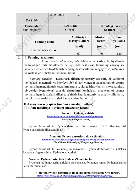 ilar. python operatorlari. 3-mavzu. python dasturlash tilida ma’lumot turlari. pythonda ma’lumot turini aniqlash va o‘rnatish. pythonda sonlar. pythonda satrlar. satrlarni formatlash. 4-mavzu. python dasturlash tilida ma’lumot to‘plamlari va turlari. https://www.bristol.ac.uk/study/undergraduate/2025/artificial-intelligence/ (university of bristol 56-o‘rin) list – ro‘yxatlar va ular bilan ishlashda qo‘llaniladigan funksiyalar va metodlar. tuple – kortejlar. murakkab kortejlar. set – to‘plamlar. set to‘plamining funksiya va metodlari. to‘plamlar ustuda amallar. dictionary – lug’atlar va ular bilan ishlash. 5-mavzu. python dasturlash tilida shart operatorlari. mantiq elementlari va operatorlari. pythonda shart operatorlari: if, else, elif, pass. 6-mavzu. python dasturlash tilida siklik operatorlar. python dasturlash tilida sikllar. while takrorlash operatori. for takrorlash operatori. sikldan chiqish. break va continue operatorlari. range() ax range() funksiyasi. ichma-ich joylashgan sikllar. 7-mavzu. python dasturlash tilida funksiya va modullar. funksiyalar. lambda funksiya. pythonda modullardan foydalanish. pythonda maxsus modullar. sana va vaqt (datetime moduli). pythonda matematika. pythonda sanoq sistemasining ishlatilishi. 8-mavzu. python dasturlash tilida fayllar va istisnolar bilan ishlash. …