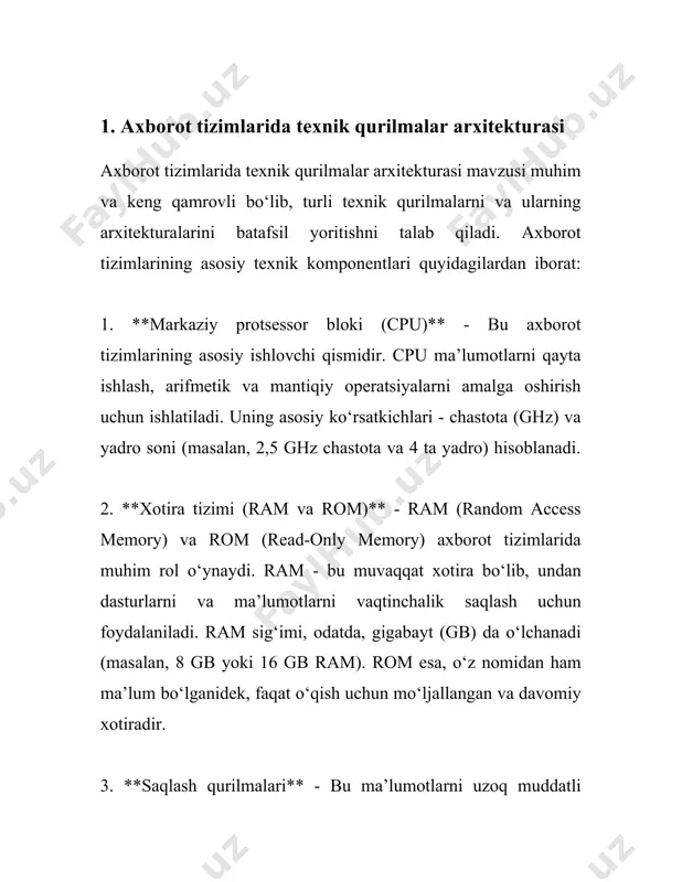 y ma'lumotlar keltirilgan. 1. **mexanik qurilmalar**: ushbu turdagi qurilmalar mexanik kuchlarni o'zaro ta'sirga olib keladigan usullar orqali ishlaydi. masalan, dvigatellar. ichki yonuv dvigatellari kimyoviy energiyani (yoqilg'i) mexanik energiyaga aylantiradi. ushbu jarayonda vaqt oralig'idagina yonuv hodisasi sodir bo'ladi, natijada mexanik harakat hosil qiladi. 2. **elektron qurilmalar**: bu turdagi qurilmalar elektron komponentlar va sxemalar asosida ishlaydi. misol uchun, tranzistorlar va diodlar elektron oqimni tartibga soluvchi asoslardir. tranzistorlar kuchaytirish qurilmalarida, signallarni kuchaytirish va tartibga solish uchun ishlatiladi. ikki holatli tranzistorlar (bjt yoki mosfet) orqali har xil ishlash rejimlari ta'minlanadi. 3. **termodinamik qurilmalar**: bu qurilmalar termodinamik qonunlarga asoslangan bo'lib, energiyani issiqlik shaklida uzatish va konversiya qilishga yo'naltirilgan. misol uchun, sovitish va konditsioner tizimlari issiqlik almashinuviga asoslangan holda ishlaydi. ushbu tizimlar carnot davrasiga yaqin amal qiladi va yuqori samaradorlik uchun eng past darajadagi issiqlikni ko'chirishga intiladi. 4. **optik qurilmalar**: yorug‘lik yoki boshqa elektromagnit nurlar asosida ishlaydi. linzalar, prizmalar, va reflektorlar yordamida nurni eng sifatli yig‘ish …