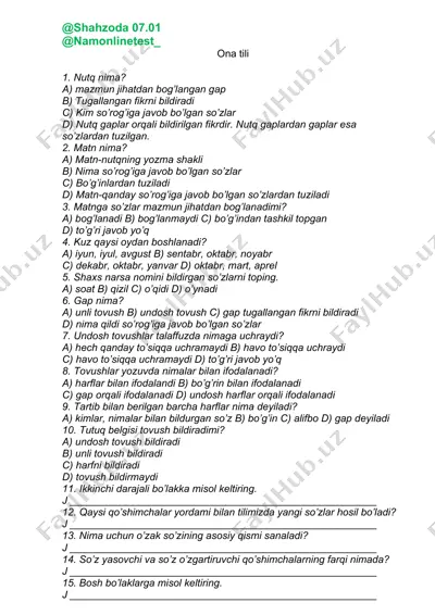 ona tili test savollari — DOCX