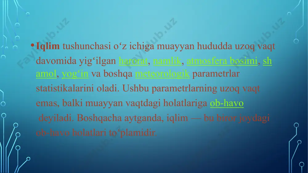 irishiga taʼsiri va bu taʼsirning yuqori kengliklarda kuchli boʻlishi iqlimni hosil qiluvchi astronomik omillar hisoblanadi. ob-havo — biror joy yoki hudud atmosferasidagi meteorologik elementlarning uzuluksiz oʻzgarishlari maj-mui, atmosferaning muayyan tabiiy jarayonlarga bogʻliqholati. bu jarayonlar atmosferada quyosh energiyasi oqimi va yer yuzasining oʻzaro taʼsiridagi fizik jarayonlar natijasida sodir boʻladi. odatda, ob-hovo. deganda yer yuzasidagi ob-havo tushuniladi. biroq aviatsiya, xalq xoʻjaligi faoliyati rivojlanishi bilan erkin atmosfera ob-havosi tushunchasi ham tobora kengayib bormokda. inson faoliyatining barcha jabhalari ob-havo bilan uzviy bogʻliq. ob-havo toʻxtovsiz oʻzgarib turadi. maʼlum joyning aniq bir vaqtdagi ob-havosi meteorologik elementlar (temperatura, havo namli-gi, bulut, yogʻin miqdori, shamol tezligi va yoʻnalishi, qor boʻroni, moma-qaldiroq, tuman va h.k.) bilan tavsiflanadi. ob-havoda yerning oʻz oʻqi at-rofidagi harakatiga bogʻliq boʻlgan davriy oʻzgarish, shuningdek, asosan, havo oqimlarining almashinishiga bogʻliq boʻlgan nodavriy keskin oʻzgarishlar sodir boʻlib turadi. oʻrta osiyo hududida yilning sovuq davrida moʻʼtadil kengliklardagi havo frontlarining gʻarbiy tarmogʻidagi siklonik faoliyati rivojlanadi, bu esa ob-havoning iliqtipini …