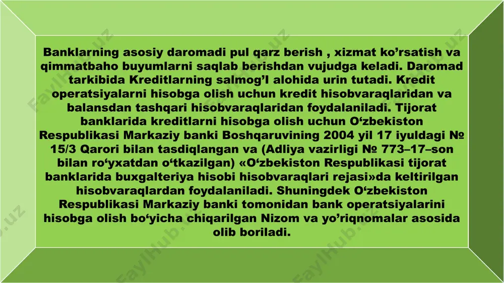 kistonning taraqqiyot strategiyasi”da belgilangan 100-ta maqsadlardan biri davlat ulushiga ega tijorat banklarida transformatsiya jarayonlarini yakunlab, 2026-yil yakuniga qadar bank aktivlarida xususiy sektor ulushini 60 foizgacha yetkazish vazifasi belgilab berilgan. o‘zbekiston respublikasi prezidentining 2022-yil 28 yanvardagi pf-60-son ”2022 — 2026 yillarga mo‘ljallangan yangi o‘zbekistonning taraqqiyot strategiyasi”da belgilangan 100-ta maqsadlardan biri davlat ulushiga ega tijorat banklarida transformatsiya jarayonlarini yakunlab, 2026-yil yakuniga qadar bank aktivlarida xususiy sektor ulushini 60 foizgacha yetkazish vazifasi belgilab berilgan. banklarning xo’jalik hisobini tashkil qilishda buxgalteriya hisobida umume'tirof etilgan tamoyillardan foydalaniladi: buxgalteriya hisobini ikki yoqlama yozuv usuli yuritish; uzluksizlik; xo‘jalik operatsiyalari, aktivlar va passivlarni pulda baholanishi; aniqlik; mazmunning shakldan ustunligi; ko‘rsatkichlarning operatsiya sodir bo’lgan vaqtda aks ettirilishi; moliyaviy hisobotning betarafligi; hisobot davri daromadlari va xarajatlarining muvofiqligi; aktivlar va majburiyatlarning haqiqiy baholanishi. banklarning xo’jalik hisobini tashkil qilishda buxgalteriya hisobida umume'tirof etilgan tamoyillardan foydalaniladi: buxgalteriya hisobini ikki yoqlama yozuv usuli yuritish; uzluksizlik; xo‘jalik operatsiyalari, aktivlar va passivlarni pulda baholanishi; aniqlik; mazmunning …
