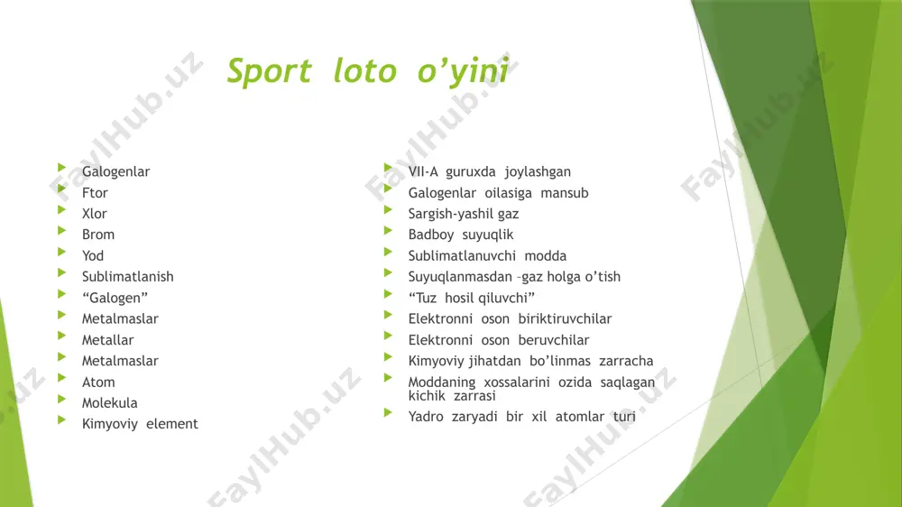 2nacl 2na+cl2 laboratoriya sharoitida xlor olish uchun mno2, hcl va 20-rasmda ko‘rsatilgan jihozlardan foydalaniladi. 20-rasm. laboratoriyada xlor olish. ushbu tajribada mno2 o‘rniga kmno4 dan ham foydalanish mumkin. 2kmno4+16hcl==2kcl+2mncl2+ 5cl2+8hoh yod brom ftor xlor galogenlar astat xlorning nomi uning fizik xossasidan olingan. grekcha ,,xloros’’ so’zi ,,yashil’’ degan ma’noni bildiradi. bromning nomi ham uning fizik xossasidan olingan. grekcha ,,bromos’’ so’zi ,,badbo’y’’ ma’nosini bildiradi kimyoviy xossalari. vodorod, metallar, bromidlar va yodidlar bilan o‘zaro ta’sirlashganda xlor oksidlovchidir. masalan, xlorni natriy bilan o‘zaro ta’sirlashuvi quyidagi reaksiya tenglamasi bilan ifodalanadi . xlorning kimyoviy xossalari: xlor kislorod bilan bevosita ta’sirlashmaydi: cl2+ o2==/==ta’sirlashmaydi .a) natriyga ta’siri ,b) surmaga ta’siri, d) temirga ta’siri ,e) misga ta’siri. 2na+cl2=2nacl h2+cl2=2hcl 2sb+5cl2=2sbcl5 fe+cl2= fecl2 cu+cl2= cucl2 cl2+hoh=hcl+hclo cl2+2koh=kcl+kclo+hoh (sovuqda)javel suvi 3cl2+6koh=5kcl+kclo3 +3hoh (qaynoq ) ishlatilishi hcl—xlorid kislota olishda cocl2----fosgen ,zaharli gaz, bo’yoq olishda ccl4---uglerod tort xlorid ,erituvchi sifatida cf2cl2 ---freon sovutgich sifatida caocl2--- xlorli ohak ,oqartirgich sifatida, dezinfeksiyalashda. kclo3-----bertole tuzi ,gugurt ishlab …