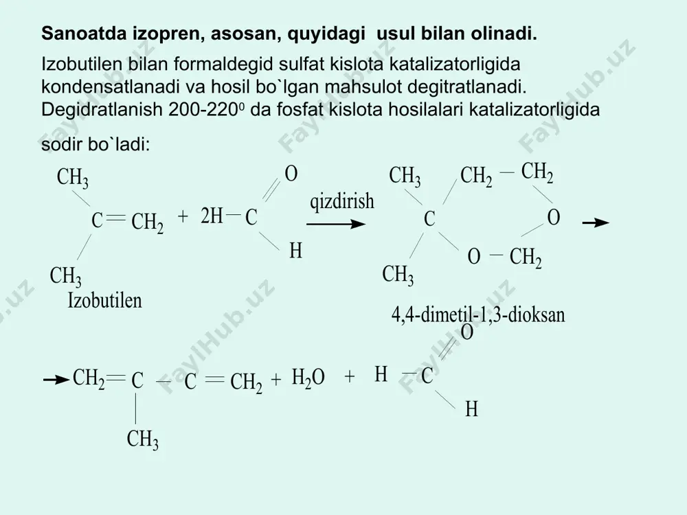 lanish. diyen uglevodorodlari ishqoriy metallar metalloorganik birikmalar ishtirokida polimerlanib yuqori molekulali birikmalar – kauchuk hosil qiladilar. polimerlanish ham 1,2-1,4 va 1,4-1,4-ko’rinishlarda borishi mumkin: tabiiy kauchuk tropik mamlakatlarda o`sadigan ba`zi darahtlarning sutsimon shirasidan olinadi. masalan, janubiy amerikada o`sadigan gveya, gvayulla daraxtlari va o`rta osiyoda o`sadigan ko’k sagiz, tog’ sagiz o’simliklar ana shunday daraxtlar jumlasiga kiradi. janubiy amerikaliklar gveya daraxtining shirasini «kaocho» - daraxtining «ko`z yoshi» deganlar, shu sababli kauchuk nomi saqlanib qolgan. sintetik kauchuklar. sintetik kauchuklarning kimyoviy tarkibi, tuzilishi, fizik-kimyoviy xossalari tabiiy kauchuknikidan tubdan farqlanishi mumkin. shuning uchun ham ba`zi sintetik kauchuklarning xossalari tabiiy kauchuknikidan afzaldir. masalan, kauchuk sintez qilinganda uni sovuqqa chidamli, gaz o`tkazmaydigan, benzin hamda yog` ta`siriga chidamli qilish mumkin. quyida ba`zi sintetik kauchuklar bilan qisqacha tanishib o`tiladi. natriybutadien kauchuk. birinchi marta akademik s.v. lebedev 1,3-butadienni polimerlanish reaksiyasiga uchratib sintetik kauchuk hosil qildi va u butadien sintetik kauchugi deb ataladi. keyingi yillarda butadiendan stereogulyar tuzilishga ega bo`lgan va sovuqqa …