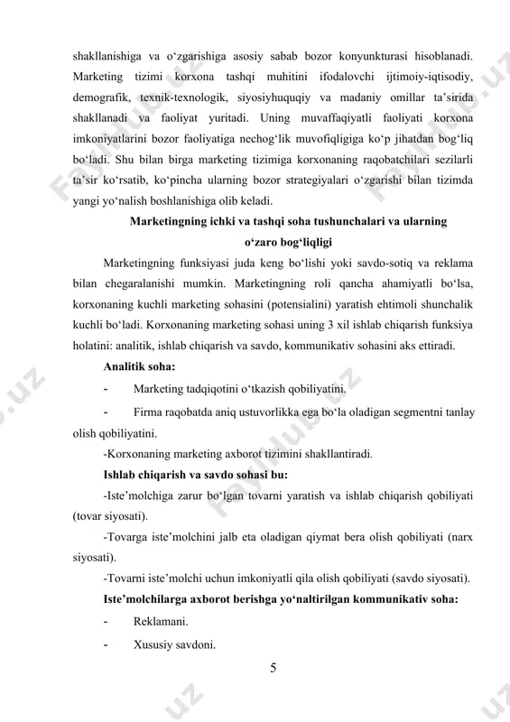 molchi uchun imkoniyatli qila olish qobiliyati (savdo siyosati). iste’molchilarga axborot berishga yo‘naltirilgan kommunikativ soha: · reklamani. · xususiy savdoni. -jamoatchilik bilan aloqalarni. · savdoni rag‘batlantirishni yaratadi. mutaxassislarning baholashlaricha, korxonalar tomonidan marketing sohasidan hozirda juda sust foydalaniladi: analitik – 30 %, ishlab chiqarish va savdo – 45 %, kommunikativ – 29 %. marketingni tashqi sohasi rivojlanish bosqichlarini ham quyidagicha ajratish mumkin: -marketing taqsimlash vositasi sifatida; -sotish vazifasi sifatida marketing vazifalarini tashkiliy jamlash; -marketingni mustaqil xizmatga ajratish; -marketing korxonaning asosiy vazifasi sifatida. korxonada marketingning ichki sohasi o‘sib borish ahamiyati uning tashkiliy tuzilmasida o‘z aksini topadi. marketingni boshqarish – tovar va xizmatlarga bo‘lgan talabni oshirish, foydani ko‘paytirish uchun bajariladigan rejalashtirish, tashkil etish, muvofiqlashtirish, nazorat, audit va rag‘batlantirish funksiyalari majmuyidan iborat. marketingni boshqarish marketing faoliyatini intensivlashtirsh vositasi va falsafasi sifatida ko‘rilib, uning maqsadi sotuvni tashkil etish va rag‘batlantirish emas, balki firma tovar va xizmatlariga raqobatli bozor sharoitida talabni boshqarishdir. f.kotler fikricha, marketingni boshqarish –firma …