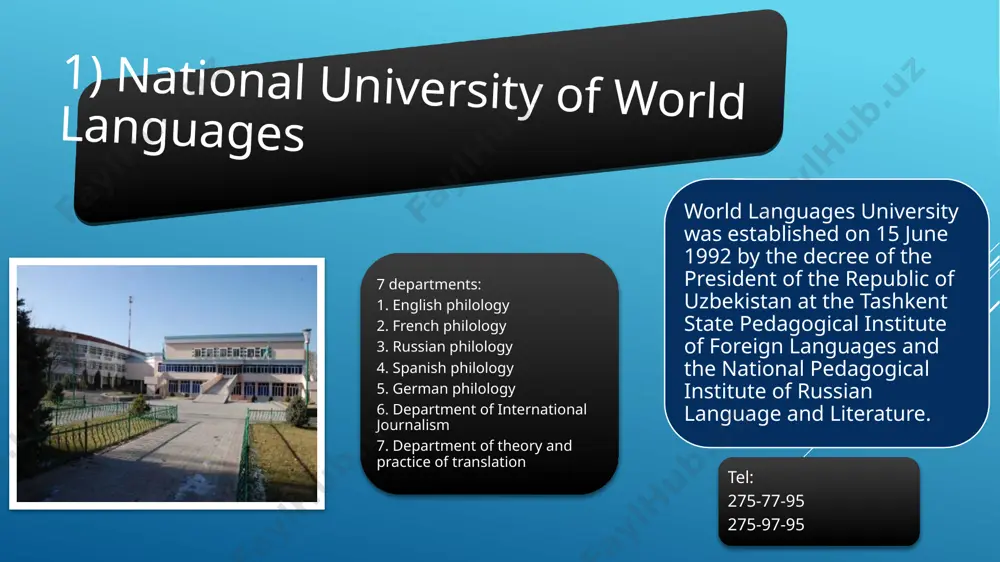 t of second specialty 5. department of training tashkent state institute of law of the republic of uzbekistan has been established in august 15, 1991 and approved by the ministry of justice. 6) tashkent state pedagogical university by nizami tel: 254-92-02 honorary university status was granted to the university in february 1998 decision of the cabinet of ministers. the university is recognized as a leading educational institution in the country, specializing in the training of teachers for academic lyceums and professional colleges. 12 departments: 1. department of uzbek language and literature 2. department of foreign languages 3. department of history 4. department of science 5. department of mathematics and physics 6. department of art 7. department of pedagogy and psychology 8. department of training 9. department of music 10. department of elementary education 11. department of defectology 12. department of basic military training 7) tashkent institute of chemical technology 6 …