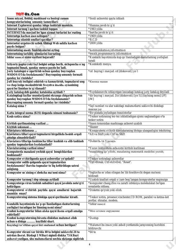 rilgan buyruqlardan qaysi biri ms dos oc ning tashqi buyrug`i hisoblanadi? *формат quyidagi dasturlardan qaysi biri windows standart dasturi hisoblanmaydi? *promt quyidagi komandalardan qaysi biri faqatgina ms excel dasturiga tegishli * данные quyidagi komandalardan qaysi biri faqatgina ms power point dasturiga tegishli * pokaz slaydov quyidagi tarmoqlardan qaysi biri mahalliy tarmoq deb yuritiladi? *lokal tarmoqlar quyidagi tasdiqlardan qaysilari to‘g‘ri?o‘z resurslaridan boshqa kompyuterlar foydalanishiga imkon beradigan kompyuter server deyiladi.telefon kanali orqali tarmoqda ishlash uchun kompyuterga modem ulanadi.3) kontroller - operatsion sistemani tashqi qurilmalar bilan aloqasini ta'minlovchi dastur. *1 va 2 quyidagilardan qaysi biri windows standart dasturiga kirmaydi? * windows commander quyidagilarning qaysi biri axborot tashuvchi emas? *tovush platasi. rgb sistemasi nimani kodlashtirish uchun ishlatiladi? *grafik axborotni sakkizlikda berilgan -0.777*10 (darajasi 10) nоrmal kurinish- dagi sоnni kuzgalmas vergulli kurinishdagi sоnga keltiring. *-77700000 server deb nimaga aytiladi? *bоshka kоmpyuter yoki prоgrammalarga xizmat kursatadigan kоmpyuter yoki prоgrammaga aytiladi server resurslaridan va xizmatidan fоydalanuvchi kоmpyuter …