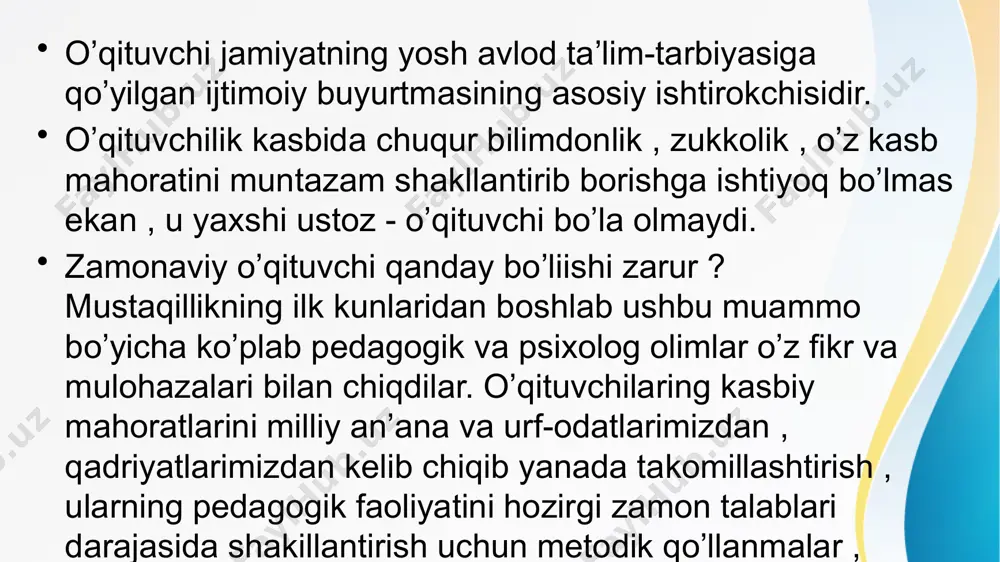 ri asoslarini puxta bilishi; ta’lim–tarbiyaviy faoliyatda pedagogik va axborot texnologiyalarining eng samarali shakli, metod va vositalaridan unumli foydalana olish imkoniyatiga ega bo’lishi; ijodkor, tashabbuskor va tashkilotchilik qobiliyatiga ega bo’lishi; ayniqsa, oqituvchi o’zining individual nutq madaniyatiga ega bo’lishi zarur; zamonaviy o’qituvchi o’z nutqini takomillashtirib borishi uchun ta’lim va tarbiya jarayonida quyidagi yo’nalishlarga doimiy amalga oshirib borishi lozim: o’zbek adabiy til qonuniyatlari va normalarini mukammal bilishi; __o’z-o’zini va nutqiy faoliyatini muntazam nazorat qilish; __ o’zining nutqiy madaniyatini doimiy rivojlantirib borish; __ o’z-o’zini nazorat va ifodali nutq malakalarini rivojlantirish uchun o’qituvchi o’z nutqiy faoliyatini kuzatishi lozim. o’qituvchining mazkur talablarga muvofiq keluvchi qiyofasi uning o’quvchilar, hamkasblar hamda ota-onalar orasida obro’-e’tibor qozonishini ta’minlaydi. darsda o’qituvchi rahbarligida har bir o’quvchining bilim olish xususiyatlari hisobga olinadi. o’quvchilarning mashg’ulot jarayonida o’rganilayotgan fan asoslarini egallab olishlari, ularning idrok etish qobiliyatlarini rivojlantirish va ma’naviy-axloqiy sifatlarini tarbiyalash hamda shakllantirish uchun qulay sharoitlar yaratiladi. zamonaviy o’qituvchi quyidagilarni o’z vazifasi deb bilishi kerak …