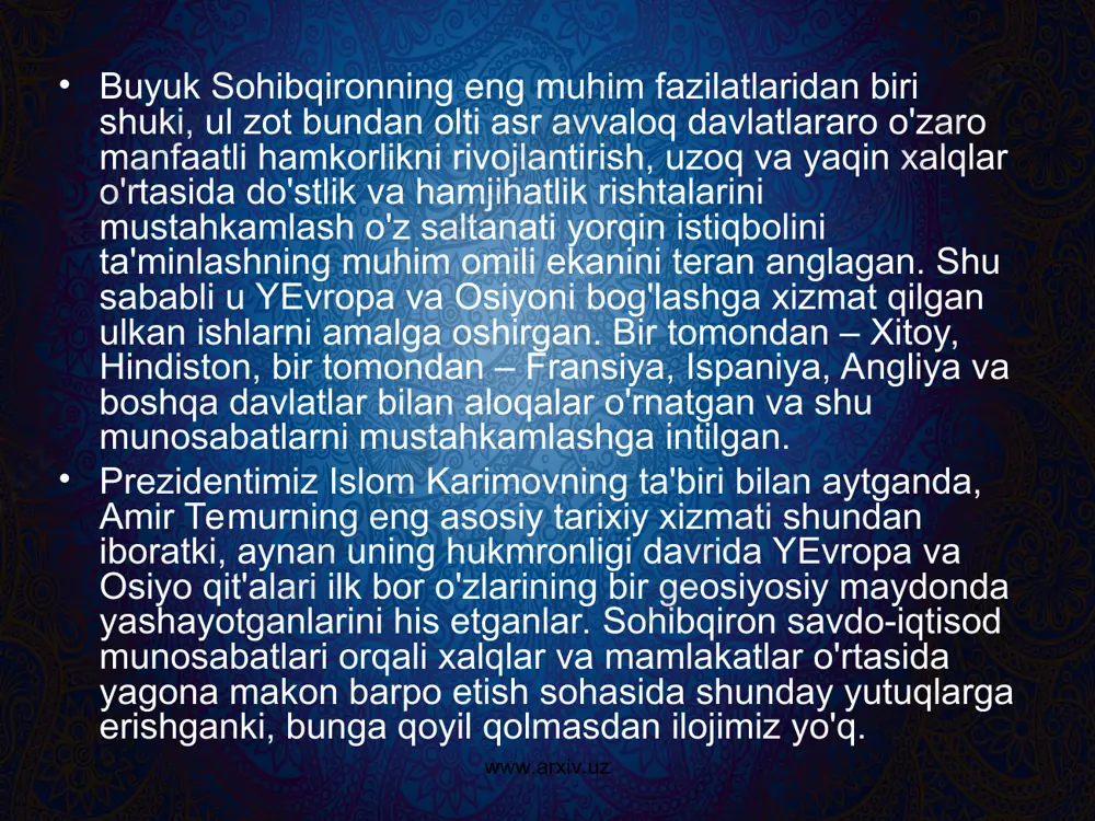 arda va yirik zodagonlar qasridagi qabul marosimlarida ishtirok etgan. qirol unga rui gonsales de klavixo boshchiligidagi o'z elchilarini qo'shib, hurmat-ehtirom bilan samarqandga kuzatib qo'ygan. ana shu safar taassurotlari asosida rui gonsales de klavixo tomonidan yaratilgan “samarqandga, temur saroyiga sayohat kundaligi. 1403-1406 yillar” asari klavixoni butun dunyoga mashhur qilib yubordi va necha asrlardan buyon bu bebaho kundaliklar marko polo, ioann galonifontibus, afanasiy nikitin, barbaro va kontarini asarlari bilan bir qatorda o'rta asrlar jahon adabiyotining oltin fondini bezab turibdi. www.arxiv.uz www.arxiv.uz aytish joizki, sohibqironning elchisi – arxiepiskop ioanning “amir temur va uning saroyi haqida xotiralar” asari ham o'tgan olti yuz yil mobaynida shu mavzuda turli tillarda yaratilgan mingdan ziyod asarlar orasida ishonchli va xolis manba sifatida alohida o'rin tutadi. nega deganda, bu asar buyuk ajdodimiz bilan samarqandda uchrashgan evropalik elchi klavixoning kundaliklari, shuningdek, amir temur bilan bevosita muloqotda bo'lgan mashhur tarixnavislar ibn arabshoh va ibn xaldun qalamiga mansub tarixiy kitoblar kabi birlamchi, …