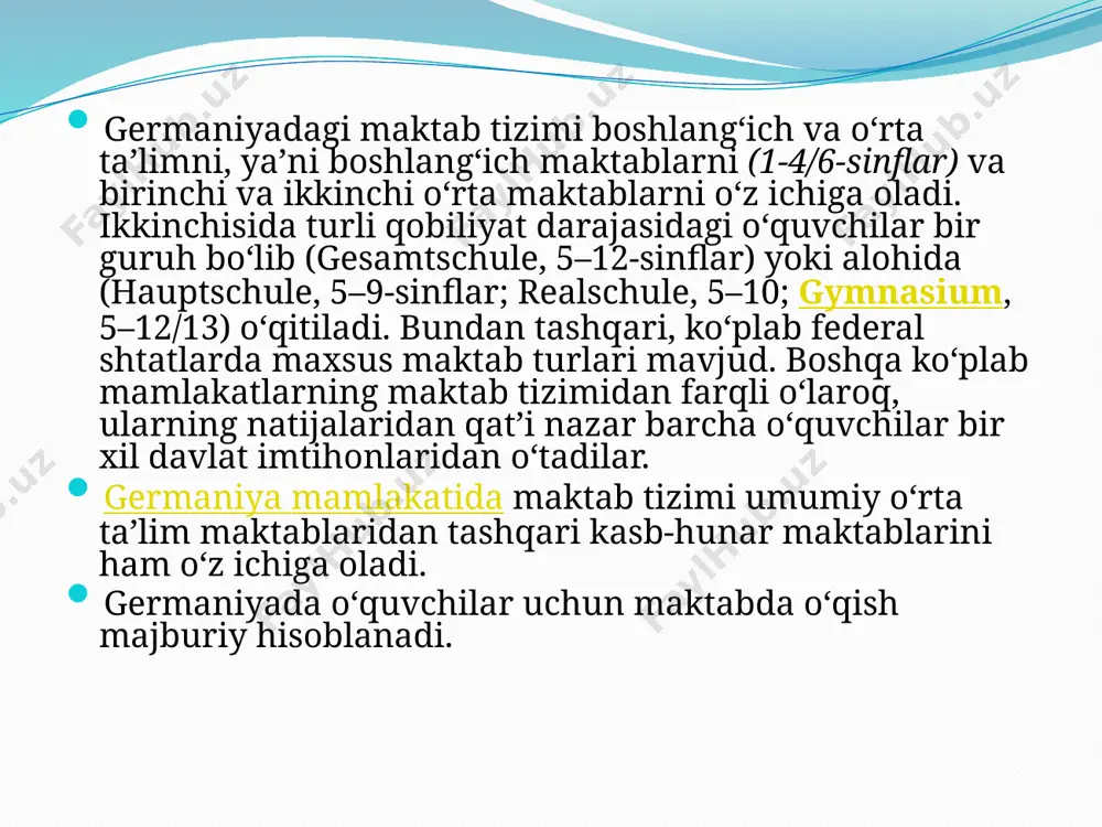 o‘n uch yil davomidagi natijalari hamda to‘rtta fan bo‘yicha yakuniy imtihon baholari inobatga olinadi. olmon zaminida oliy o‘quv yurtiga kirish uchun o‘n uch yil yaxshi natija bilan o‘qish kerak. ana shundan keyingina universitet yo‘llari ochiladi. "fikrlayapmanmi, demak, yashayapman!" germaniyada davlatga qarashli maktablar bilan birga xususiy taʼlim maskanlari ham faoliyat yuritadi. xususiy maktablar o‘rta taʼlim maskanlarining 2 foizini tashkil etadi. o‘quv dasturlari anʼanaviy maktablardan farq qiluvchi xususiy maktablarni federal taʼlim va madaniyat vazirligi nazorat qiladi. xususiy maktablar sanoat, til, kosmetika, gimnastika, uy xo‘jaligi kabi ixtisoslashgan yo‘nalishlarda taʼlim beradi. nodavlat taʼlim maskanlari bir-birini qo‘llab-quvvatlash uchun xususiy maktablar uyushmasiga birlashgan. shuningdek, nogiron va aqliy qobiliyati cheklangan bolalar uchun maxsus maktablar ochilgan. olmon maktablarida xorijlik fuqarolar ham taʼlim olishi mumkin. xorijliklar mahalliy shart-sharoitga moslashishi, nemis tilini puxta o‘zlashtirishi uchun tayyorlov kurslari tashkil etiladi. nemis pedagoglari isteʼdodsiz o‘quvchining o‘zi yo‘q, deb hisoblashadi. shunga ko‘ra ular o‘quvchining ochilmagan qirralarini kashf etish, ularni yangilik va ixtirolar ruhida …