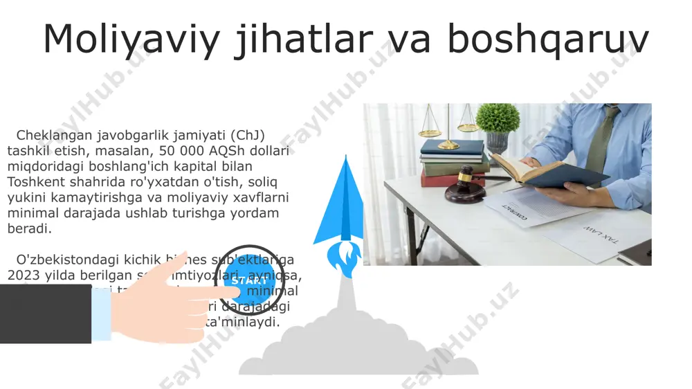 n o‘tkazilishi mumkin va soliq imtiyozlariga ega bo‘lishi mumkin. ish yuritish va hujjatlar xorazm viloyatidagi oajlar uchun 100 million so'mdan ortiq aktivlarga ega bo'lganlar yillik audit hisobotini 3 oy muddat ichida taqdim etishlari shart. toshkent shahrida ro'yxatdan o'tgan mchjlar uchun soliq hisobotlarini topshirish muddati 25-kundan oshmasligi kerak, aks holda 500 000 so'm miqdorida jarima qo'llanilishi mumkin. e'tiboringiz uchun rahmat @taqdimot_robot image5.jpg image6.jpg image7.jpg image8.jpg image9.jpg image10.jpg image11.jpg image12.jpg image13.jpg image1.jpeg image2.jpeg image3.jpeg image4.jpeg