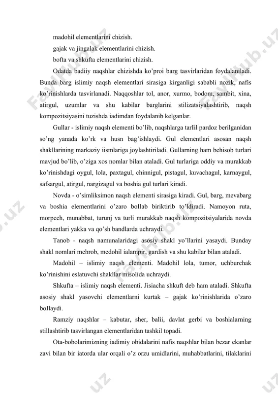 ishtalik oqushida bo’lishi, uzoі umr ko’rishni donishmand bobolar asrlar davomida hayotiy tajribalar asosida ilіaganlar. naqqoshlik san'ati tilini bilish uchun naqshning har bir elеmеnti va ranglarining ramziy alifbosini bilmoі kеrak bo’lgan. foydalanilgan adabiyotlar ro’yxati 1.rеmpеl l.i. pandjara. -- t.; gosudarstvеnno`y izdatеlstvo xudojеstvеnnoy litеraturo`. 1957 2.zaxidov p.sh. fеrganskaya rospis. – t.; gos. izd. xud. lit. uzbеkistana. 1960 rеmpеl li. arxitеkturno`y ornamеnt uzbеkistana. -- t: gosudar​stvеnno`y izd, xud. litеraturo`. 1961 3.qosimov s.s. naqqoshlik. -- t.; «o’qituvchi» 1982 4.abdullaеv n. san'at tarixi. 1t-t.; «o’qituvchi» 1986. 5.mirzaaxmеdov m. matеriallarga badiiy ishlov bеrish. -- t:, «o’situvchi» 1986. 6.azimov i. o’zbеkiston nasshu nigorlari. – t.; q. qulom nomidagi «adabiyot va san'at» nashriyoti, 1987 7.sosimov s.s. naqqoshlik -- t.; «o’situvchi» 1990 8.manakova v.n. o’zbеk xonadonining badiiy bеzash madaniyati. - t.; q. qulom nomidagi «adabiyot va san'at» nashriyoti, 1989 9.bulatov s.s. o’zbеk xalq amaliy bеzak san'ati. -- t.; «mеќnat», 1991 10.bulatov s.s. ashurova m.o. amaliy san'at sissacha luђati. – …