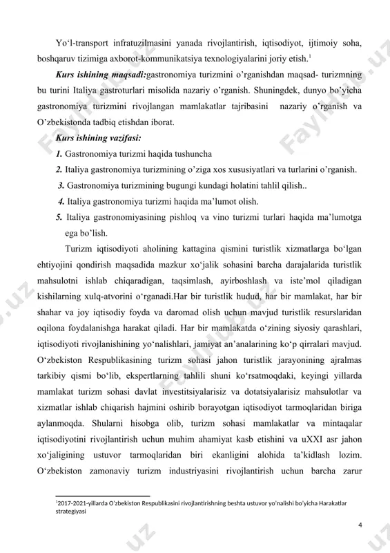yorlanadigan taomlarga, ichkilikka, ishlab chiqarish jarayonigaajraladi. gastronomiya nafaqat oziq-ovqat, balki ichimliklarni ham ta’tib ko’rishdir. ovqat insonning asosiy ehtiyojlaridan biridir. maslov ovqatni fiziologik ehtiyoj sifatida tasvirlab berdi. u inson ehtiyojlarini ierarxik piramida shaklida tuzib chiqqan.. bugungi kunda gastronomiya turizmi sayyohlikni jalb qilishning muhim jihati bo'ldi. faqat oziq-ovqat emas, balki gastronomiya turizmi sayohatlarning ajralmas qismi hisoblanadi. oziq-ovqat va ichimliklar sanoati sohasida yuzaga kelgan rivojlanish tufayli, dam olish faoliyati rekreasion faoliyatiga aylandi. zamonaviy dunyodagi odamlar vaqtni tejash uchun pishirish uchun kam vaqt sarflashadi .buning natijasida, odamlar tashqariga chiqa boshladilar va bu faoliyat turistik faoliyatga aylandi. ottenbacher va harrington gastronomiya turizmini "unutilmas oziq-ovqat va ichimliklar tajribasiga ega bo'lish imkoniyati sayohatni rag'batlantirish va harakatlarga sezilarli hissa qo'shadigan turizm" deb tushuntiradi. gastronomiya turizmi – bu mamlakatlar va qit’alar bo‘ylab sayohat qilish hisoblanib, maqsadi mahalliy oshxona xususiyatlari bilan tanishish hamda kelgan sayyohlarga antiqa taom va mahsulotlardan ta’tib ko‘rishga imkon yaratadi. gastronomik tur xizmat sifatida nafaqat sayohat qilish …
