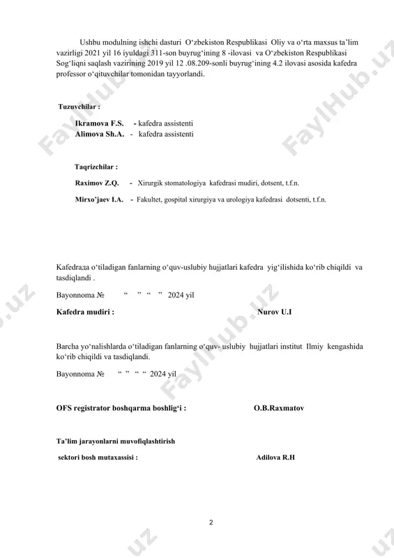 soslarini o`rgatadigan fan bo`lib, umumiy amaliyot shifokori-bakalavr mutaxassisligiga oid tafakkur va dunyoqarashni shakllantirishda katta ahamiyatga egadir. talaba tibbiy yordam ko`rsatish bo`yicha zamonaviy davolash usullari bilan davolashning asosiy ko`nikmalarini hosil qilib amaliy va nazariy bilim olishga mo`ljallangan. asosiy vaqt ekstremal holatlarda zamonaviy davolash usullarini qo`llab, malakani oshirishga qaratilgan. ushbu dastur davlat ta`lim standarti va umumiy amaliyot shifokorini tayyorlash dasturi asosida tuzilgan, tibbiyot oliy o`quv yurtlarining davolash fakultetining talabalariga otorinolaringologiya fanidan ta`lim berish uchun mo`ljallangan. 2. modulni o’qitish davomida rejalashtirilgan natijalar 2.1. o’quv modulining maqsadi: otorinolaringologiya fanini o‘qitishdan maqsad - bo‘lajak umumiy amaliyot vrachlarini urgent lor kasalliklari va eng ko‘p uchraydigan lor kasalliklarning lor a’zolarida uchraydigan asoratlari, lor a’zolari shikastlanishlari, o‘smalari, shuningdek, ommaviy qirg‘in o‘choqlarda lor a’zolarining shikastlanishlarini davolash va profilaktikasini o‘rgatish. olgan bilim va ko‘nikmalarini tibbiyotda qo‘llay bilishlari uchun asosiy bilim berish, lor a’zolarining holatini tekshirish usullarini va shu orqali organizm holatiga baho bera olishni o‘rgatish va mustaqil ravishda birinchi tibbiy …