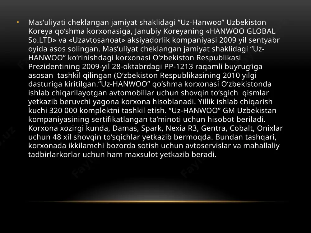 ya samaradorligini oshirish uchun elektr yuritmalarini loyihalashda tizimni optimallashtirish muhimdir. bunda quyidagi strategiyalarni qo'llash mumkin. uz hanwoo qkda 2haftalik bitiruv oldi amaliyot davrimizda ozimizga berilgan diplom ishi mavzumiz boyicha ishlar olib bordik . men bu 2hafta mobaynida ekstruder qurilmasini loyihalash boyicha ish olib bordim. txk bolimi bilan birgalikda ekstruder qurilmasini birgalikda tamirlash ishlarini olib bordik . ekstruder qurilmasi ancha muddatdan buyon ishlamayotgan ekan biz buni tamirladik. ekstruder qurilmasiga yangi chastota ozgartgich qoyish orqali elektr energiyani 20-25% ga tejab qolish imkoniga erishdik xulosa zamonaviy ekstruderlar sanoatning turli jabhalarida muhim ahamiyatga ega bo‘lib, ularning rivojlanishi ishlab chiqarish jarayonlarini yanada takomillashtirishga xizmat qilmoqda. ularning avtomatlashtirish va energiya samaradorligini oshirishga yo‘naltirilgani kelajakda sanoatning yanada rivojlanishiga turtki bo‘ladi. foydalanilgan adabiyotlar 1 “plastmassa va polimerlar texnologiyasi’’ a. t. abduvaliyev, m. k. ismailov, g. a. usmonov 2 ’’texnologik jarayonlar va ularning energiya samaradorligi’’ sh. x. azizov, a. s. shukurillayev 3 ’’o’zbekiston sanoatida ekstruder texnologiyalari’’ r. t. boboev …