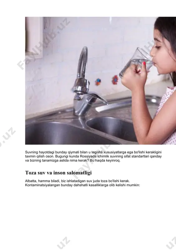 iqing · suvdagi temirning ko'pligi allergik reaktsiyalar va buyrak kasalligiga sabab bo'ladi. · marganetsning yuqori miqdori - mutatsiyalar. · xloridlar va sulfatlarning ko'payishi bilan oshqozon -ichak trakti ishida buzilishlar kuzatiladi. · magniy va kaltsiyning haddan tashqari ko'pligi suvga qattiqlik beradi va artrit va odamda toshlar paydo bo'lishiga olib keladi (buyrak, siydik va o't pufagida). · ftorning me'yordan yuqori bo'lishi tish va og'iz sog'lig'ining jiddiy muammolariga olib keladi. · vodorod sulfidi, qo'rg'oshin, mishyak - bularning barchasi barcha tirik mavjudotlar uchun zaharli birikmalardir. · uran yuqori dozalarda radioaktivdir. · kadmiy miya uchun muhim bo'lgan sinkni yo'q qiladi. · alyuminiy jigar va buyrak kasalliklari, kamqonlik, asab tizimi muammolari va kolitni keltirib chiqaradi. sanpin me'yorlarini oshib ketish xavfi katta. kimyoviy moddalar bilan to'yingan ichimlik suvi muntazam foydalanish bilan (uzoq muddatda) surunkali intoksikatsiyaga olib kelishi mumkin, bu esa yuqorida aytib o'tilgan kasalliklarning rivojlanishiga olib keladi. shuni unutmangki, yomon tozalangan suyuqlik nafaqat og'iz orqali qabul qilinganda, …