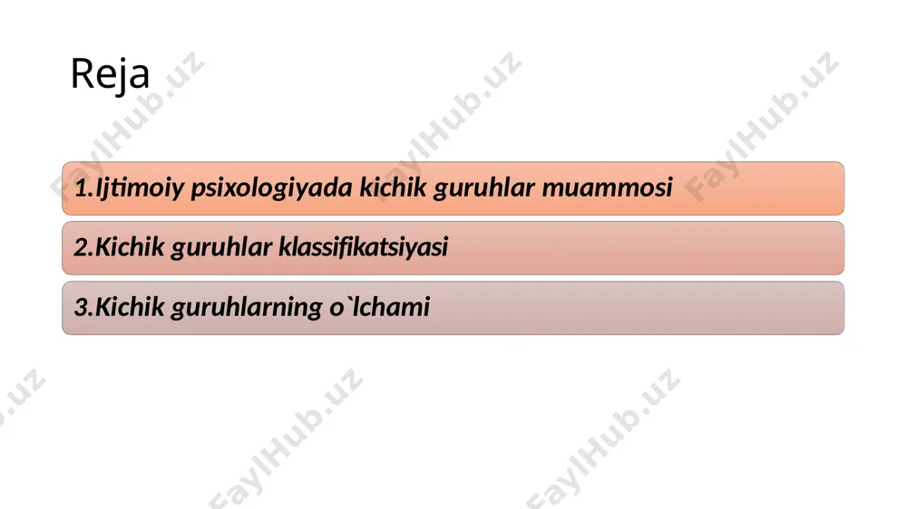is olimi a.mayyor. ijtimoiy fasilitatsiya individning faoliyat mahsullariga uning yonida bo‘lgan boshqa individlarning bevosita ta’siri masalan, sensor kuchayishlar hamda ish-harakatlarning, fikrlashlarning tezligida namoyon bo‘ladi ingibisiya boshqalar ta’sirida individ reaksiyalaridagi tormozlanish faoliyatining susayishi holatlari misol keltiring…. savol nima uchun ijtimoiy psixologiya kichik guruhlarni asosiy obyekt qilib tanlagan? kichik guruhlar “diada” ikki kishidan tortib, to maktab sharoitida 30-40 kishigacha deb qabul qilindi.(yangi turmush qurgan oila) bunday guruh turli ijtimoiy-psixologik tadqiqotlar uchun ham, ijtimoiy- psixologik treninglar o‘tkazish uchun ham qulay hisoblanadi. shaxsning guruh tazyiqiga berilishi va bo‘ysunishi ham guruh a’zolarning soniga bog‘liq. guruh soni 4-5 kishi bo‘lgunga qadar, uning ta’siri kuchayib boradi, lekin undan ortib ketgach, ta’sirchanlik kamayib boradi. masalan, ko‘chada sodir bo‘lgan baxtsiz hodisaning guvohlari soni ortib borgan sari, jabrlanganga yordam berishga intilish, mas’uliyat hissi pasayib boradi. guruhning hajmi kichiklashib borgan sari shaxslararo o‘zaro munosabatlar taranglashib boradi. chunki, shaxslarning bir-birlari oldida mas’uliyatlarining oshishi va yaqindan bilishlari ularning o‘rtasidagi aloqalarda doimo aniqlik bo‘lishini …