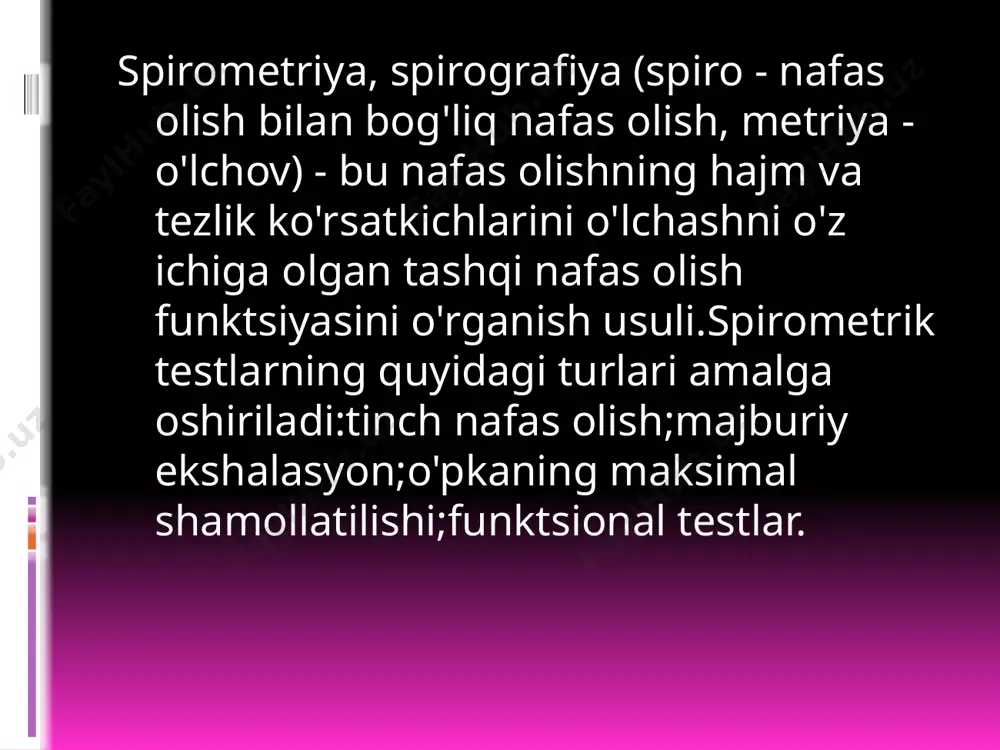 kerak to'shagingizning chetiga o'tiring. agar siz to'liq o'tirolmasangiz, iloji boricha o'tiring. rag'batlantiruvchi spirometringizni tik tuting. sızdırmazlık yaratish uchun og'izni lablaringiz bilan mahkam yoping. sekin-asta iloji boricha chuqurroq nafas oling, markaziy ustundagi piston tibbiy yordam ko'rsatuvchi tomonidan belgilangan maqsadga etguncha. nafasingizni kamida 5 soniya ushlab turing, so'ngra piston spirometrning pastki qismiga tushguncha nafas oling. bir necha soniya davomida dam oling va soatiga kamida 10 marta takrorlang. har 10 nafasdan so'ng o'pkangizni har qanday suyuqlik to'planishidan tozalash uchun yo'talish yaxshi bo'ladi. e’tiboringiz uchun rahmat! image2.png image3.jpeg image4.jpeg image5.jpeg image6.jpeg /docprops/thumbnail.jpeg
