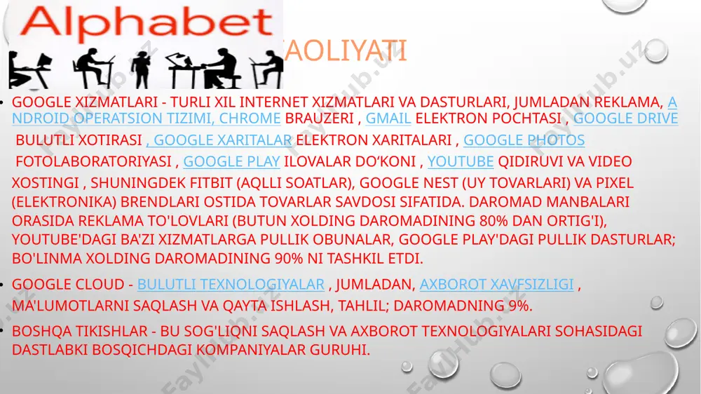 fevral, 2023 yil alphabet 2022 yil to'rtinchi chorak va moliyaviy yil natijalarini e'lon qildi 2023 yil 11 yanvar alphabet 2022 yil iv choragining moliyaviy natijalari bo‘yicha konferensiya qo‘ng‘irog‘i sanasini e’lon qildi 2024-yil bo`yicha oxirgi yangiliklar 2024 yil 10 aprel alphabet 2024 yilning birinchi choragining moliyaviy natijalari bo‘yicha konferensiya sanasini e’lon qildi 2024 yil 8 fevral alphabet aktsiyadorlarga trc capital investment corporation tomonidan bozordan past bo'lgan mini-tender taklifini rad etishni tavsiya qiladi 2024 yil 8 fevral morgan stanley texnologiya, media va telekom konferentsiyasida taqdim etiladigan alifbo 2024 yil 30 yanvar alphabet 2023-yilning to‘rtinchi choragi va moliyaviy yil natijalarini e’lon qildi 2024 yil 11 yanvar alphabet 2023 yil iv choragining moliyaviy natijalari bo'yicha konferentsiya qo'ng'irog'ini e'lon qildi 2016-yilning 1-fevralida alphabet bozor kapitallashuvi bo‘yicha ortda qoldirib, dunyodagi eng yirik kompaniyaga aylandi . biroq, oradan ikki kun o'tib kompaniyaning qiymati yana apple tomonidan yo'qotildi. 15-may kuni alphabet yana bozor kapitallashuvi bo‘yicha dunyodagi eng yirik …