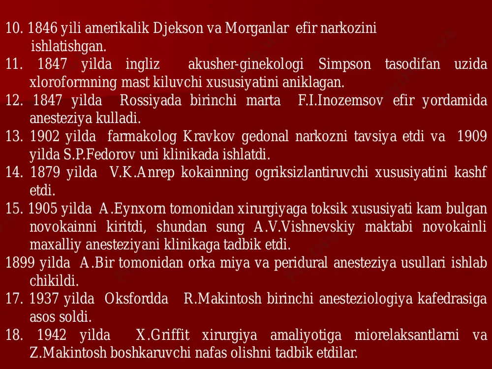 torlari bilan uzaro ta’sir nazariyasi - endorfin. bеmorlarni anеstеziyaga tayyorlash ◼bemorlarni kuzdan kechirish ◼bemorlardan anamnez yigish ◼ - markaziy nerv tizimining xolati ◼ - allergologik anemnez ◼ - professional anamnez ◼ - farmakologik anamnez ◼ - psixologik tayyorgarlik ◼ - premedikatsiya: bevosita, bilvosita ingalyasion anеstеtiklarning turlari : suyuk: - narkoz uchun efir - ftorotan - metoksifluran - enfluran - izofluran - xloretil - narkoz uchun trixloretilen gazsimon: - azot oksidi - siklopropan ingalyasion narkoz bеrish usullari ◼ ochik ◼ yarim ochik ◼ yarim yopik ◼ yopik efir narkozining boskichlari ◼ i boskich (analgeziya) - 3-5 minutdan keyin xushning pasayishi xushdan ketishgacha yetishi mumkin ◼ ii boskich (kuzgalish) –6-8 minutdan keyin boshlanib, 2-3 minut davom etadi. ◼ iii boskich 3 ta darajaga bulinadi. ◼ ba’zi avtorlar iv boskichni - uygonish (probujdeniye) ni xam tafovut kilishadi. ◼birinchi daraja iii1- kuzgalishlar tuxtaydi, korachik fotoreaksiyalari susaygan va korachiklar toraygan. ◼ ikkinchi daraja iii2- korachiklar …