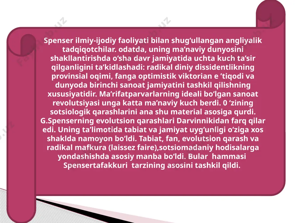 rensiyalashish uchun nafaqat joy oladigan shu bilan birga so‘nggisining manbayi bo‘lib xizmat qiladi. spenser sotsial qonunlar va ularning harakati haqida qimmatli fikrlarni bildirgan. umuman, sotsial (ijtimoiy) qonunlar mavjudligi va ularning harakatiga qat’iy ishondi. «alternativa (muqobil) yo‘q. jamiyat yo qonunga ega bo‘ladi yoki yo‘q. agar u qonunga ega bo‘lmasa, unda uning hodisalarida tartib, ishonch bo‘lishi mumkin emas. agar b o isa u vaqtda koinotning boshqa qonunlariga o‘xshashdir qat’iy, so‘zsiz, hatto bo‘lib istisno emasdir» deb ta’kidlaydi. u jamiyatga hurmat va islohotchilarni aralashishini noto‘g‘ri deb bildi. u tabiat tartibiga ham aralashishni xatarli deb hisobladi. inson o‘z harakatlari natijalarini hamma vaqt ham bilolmaydi. shuning uchun hammasi qanday bo‘lsa shunday qolsin. davlatga yagona hokimiyat individ huquqini himoya qilishi va tashqi dushmandan kollektivni himoya qilish berilgandir, deydi. spenser ijtimoiy voqelikni o‘rganish va tadqiq etish obyektivlik tamoyiliga amal qilishga da’vat etdi. «biron bir boshqa holda (sotsiologdan tashqari) tadqiqotchi o‘zi mansub bo‘lgan yaxlitlikning barcha xossasini o‘rganishdan boshqa iloji …