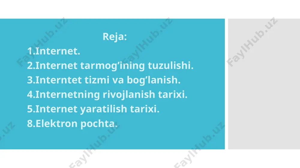 i. ular „qidiruv dvigateli“ deb ataladi, maʼlumotlarning mundarijasini maʼlumotnoma (spravochnik) kabi saqlaydi va oʻsha maʼlumotlar joylashgan „internet manzili“ni abonentga beradi. mazkur manzil boʻyicha maʼlumotlar „internet varaqchalari“da saqlanadi. abonent biror maʼlumotni, masalan, „paxta“ soʻzini qidiruv dvigateli orqali qidirsa, shu soʻzga tegishli maʼlumotlarni, paxta bilan ish olib boradigan kompaniyalar roʻyxatini yoki jahon birjasida paxtaning narxini abonent kompyuterida chiqarib beradi. internet varaqchalari shaxsiy va rasmiy boʻlishi mumkin. shaxsiy varaqchalar alohida shaxslar tomonidan tuziladi va shu shaxslar haqidagi maʼlumotlarni oʻz ichiga oladi. rasmiy varaqchalar idoralar, tashkilotlar, kompaniyalarga tegishli boʻladi, ularda hukumat idoralariga doir maʼlumotlar saqlanadi. internet orqali savdo-sotiq ishlari, kompaniyalar xizmatlarini yoki mahsulotlarni reklama qilishni keng yoʻlga qoʻyish, internet varaqchalarida suratlar bilan berilgan mahsulotlarni xarid qilish mumkin. xalqaro internet tizimida oʻzbekiston haqida ham maʼlumotlar bor. rasmiy varaqchalardan oʻzbekiston hukumati varaqchalari, oʻzbekistonning aqshdagi elchixonasi varaqchalari va boshqa koʻplab rasmiy varaqchalar mavjud. ularda oʻzbekiston respublikasiga tegishli deyarli barcha maʼlumotlar bor. bulardan tashqari, oʻzbekistonga taalluqli shaxsiy varaqchalar …