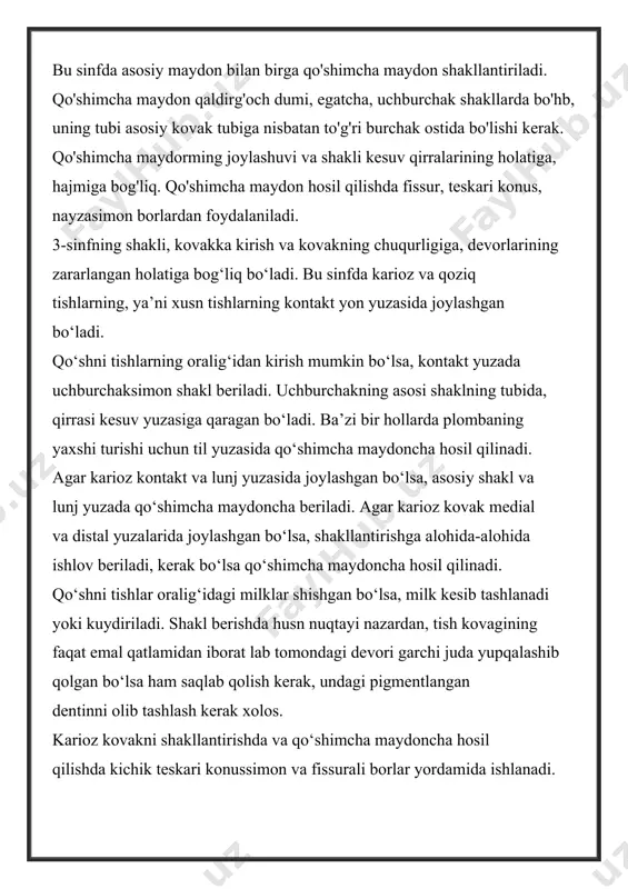 kovakning chuqurligiga, devorlarining zararlangan holatiga bog‘liq bo‘ladi. bu sinfda karioz va qoziq tishlarning, ya’ni xusn tishlarning kontakt yon yuzasida joylashgan bo‘ladi. qo‘shni tishlarning oralig‘idan kirish mumkin bo‘lsa, kontakt yuzada uchburchaksimon shakl beriladi. uchburchakning asosi shaklning tubida, qirrasi kesuv yuzasiga qaragan bo‘ladi. ba’zi bir hollarda plombaning yaxshi turishi uchun til yuzasida qo‘shimcha maydoncha hosil qilinadi. agar karioz kontakt va lunj yuzasida joylashgan bo‘lsa, asosiy shakl va lunj yuzada qo‘shimcha maydoncha beriladi. agar karioz kovak medial va distal yuzalarida joylashgan bo‘lsa, shakllantirishga alohida-alohida ishlov beriladi, kerak bo‘lsa qo‘shimcha maydoncha hosil qilinadi. qo‘shni tishlar oralig‘idagi milklar shishgan bo‘lsa, milk kesib tashlanadi yoki kuydiriladi. shakl berishda husn nuqtayi nazardan, tish kovagining faqat emal qatlamidan iborat lab tomondagi devori garchi juda yupqalashib qolgan bo‘lsa ham saqlab qolish kerak, undagi pigmentlangan dentinni olib tashlash kerak xolos. karioz kovakni shakllantirishda va qo‘shimcha maydoncha hosil qilishda kichik teskari konussimon va fissurali borlar yordamida ishlanadi. · kariyes kovakni charxlash …