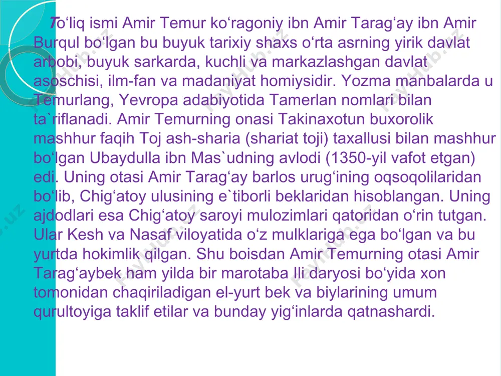 tezda fahmlab oladigan inson bo‘lgan. shu tufayli o‘spirinlik chog‘laridayoq tengqurlaridan sadoqatli do‘stlarni atrofga jalb qila olgan. o‘zining ilk harbiy faoliyatini amir temur qo‘l ostidagi navkarlari bilan ayrim viloyat amirlariga xizmat qilishdan boshlagan. ularning o‘zaro kurashlarida mahorat va oliyhimmatlik amir temurning shuhratini oshirib, uning dong‘i butun qashqadaryo vodiysi, xususan kesh viloyatiga yoyilgan. amir temur aql-zakovati, shijoati va jasorati to‘g‘risidagi shuhrat uni movarounnahrning nufuzli amirlaridan avval joku barlos, so‘ngra amir qazog‘on (1346-1358) bilan yaqinlashtirgan. otasi amir temurni avval (1352) amir joku barlosning qizi turmish og‘oga uylantiradi. 1362-yilda amir temur qazog‘onning nabirasi, amir husaynning singlisi uljoy turkon og‘oni o‘z nikohiga oladi. keyingi nikoh tufayli balx amiri bilan bog‘langan qarindoshlik aloqalari shubhasiz amir temur bilan amir husayn o‘rtasidagi ittifoqni yuzaga keltirdi va mo‘g‘ullarga qarshi jiddiy kurash boshlandi. biroq movarounnahr aholisi mog‘ullarga qarshi kurashga jur`at eta olmaydilar. kesh viloyatining hukmdori hoji barlos xurosonga qochadi. mana shunday og‘ir pallada amir temur maydonga kiradi. kuchlar teng emasligini …