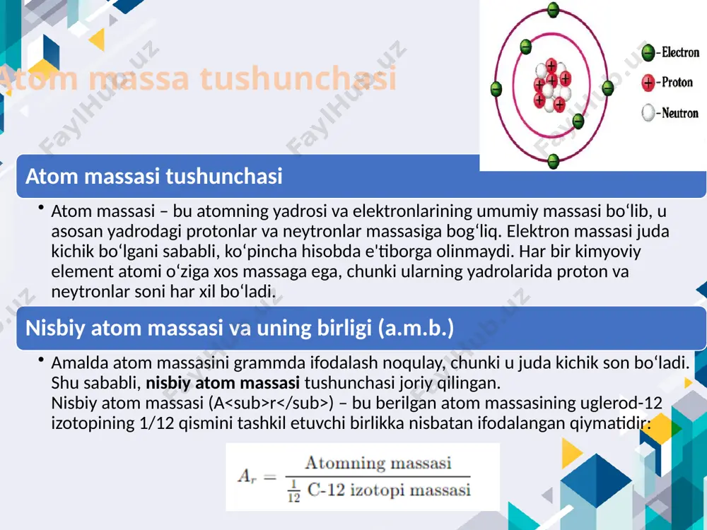 kislorod), o₃ (ozon) oltingugurt (s) – rombik, monoklinik, plastiklik shakllari fosfor (p) – oq, qizil, qora fosfor qalay (sn) – kulrang (metallik), oq (nozik) va rombik shakllar xulosa atom, molekulyar va molyar massa hamda allotropiya kabi kimyoviy tushunchalar moddalar tuzilishi va miqdoriy xossalarini chuqur tushunishda asosiy o‘rin tutadi. har bir tushuncha o‘zining ilmiy va amaliy jihatdan muhim bo‘lgan ahamiyatiga ega: atom massasi — elementlarning atom darajasidagi xossalarini o‘lchash va solishtirish imkonini beradi; molekulyar massa — murakkab moddalarning umumiy massasini aniqlash orqali reaksiyalarni matematik asosda tushunishga yordam beradi; molyar massa — laboratoriya sharoitida massa va mol orasidagi aloqani tushunishda, reaksiyalardagi modda miqdorini hisoblashda zarur vosita hisoblanadi; allotropiya — bir xil elementning bir nechta fizik shaklda mavjud bo‘lishi orqali moddalarning fizik-kimyoviy xossalariga ta’sir etadi va ularni maqsadli ishlatish imkonini beradi. ushbu tushunchalar kimyoviy hisob-kitoblarni to‘g‘ri amalga oshirish, moddalarni tanlash, reaksiya mahsulotlarini aniqlash, shuningdek, sanoat va ilmiy tadqiqotlarda to‘g‘ri qaror qabul qilishda muhim …