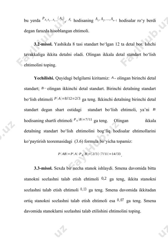 bu hodisalarning yig‘indisi ko‘rinishida ifodalash mumkin: . birga ro‘y bermas hodisalar ehtimollarin qo‘shish teoremasidagi (3.1) ga ko‘ra: . (3.8) endi va hodisalarning ehtimollarini topamiz: bu ehtimollarni (3.8) tenglikka qo‘yib, quyidagini hosil qilamiz: ikkinchi usul. hodisa (olingan darslikning hech bo‘lmaganda bittasi muqovali ) va hodisa (olingan darsliklarning bittasi ham muqovali emas) qarama-qarshi hodisalardir, shuning uchun (qarama-qarshi hodisalar ehtimollarining yig‘indisi birga teng). bundan . hodisaning (olingan darsliklarning bittasi ham muqovali emas) ro‘y berish ehtimoli . izlanayotgan ehtimol: 3.11-misol. agar hodisa hodisani ergashtirsa, u holda bo‘lishini isbotlang. isboti. hodisani birga ro‘y bermas va hodisalarning yig‘indisi ko‘rinishida tasvirlash mumkin: . birgalikda bo‘lmagan hodisalar ehtimollarini qo‘shish teoremasidagi (3.1) formulaga asosan quyidagini hosil qilamiz: bo‘lganligi uchun . 3.12-misol. ikkita birga ro‘y bermas va hodisalarning har birining ro‘y berish ehtimoli mos ravishda va ga teng. bu hodisalardan faqat bittasining ro‘y berish ehtimolini toping. yechilishi. hodisalarni quyidagicha belgilaymiz: faqat hodisani ro‘y berishini; faqat hodisa ro‘y berishini bildirsin. hodisaning …