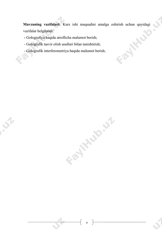 n gologramma dastlabki joyiga qo’yiladi u tayanch to’lqini bilan yoritilib, lazerning jism orqali tushadigan qismi to’siladi. fotoplastinkaga tushayotgan nurning interferension manzaradagi difrak-siyasi natijasida jism to’lqinining nusxasi, ya'ni jismning mavhum hajmiy tasviri tiklanadi. tasvirda jismning barcha xususiyatlari aks-langan bo’lib, golografiyagacha qayerda turgan bo’lsa, o’sha joyda turadi. u shunchalik real tuyuladiki, ushlab ko’rish mumkindek bo’ladi. bundan tashqari, kuzatish gologrammaning o’ng tomonidan o’tkir burchak ostida olib borilsa, narsaning haqiqiy tasviri ham tiklanadi. lekin bu holda narsaning joylashuvi teskarisiga o’zgaradi. masalan, botiq joy qavariq va aksincha bo’ladi. ammo, odatda, jism real mavjuddek tuyuladigan mavhum tasvirdan foydalaniladi. shuni ta'kidlash lozimki, hatto gologrammaning bir bo’lagi ham tasvirni to’la tiklashga imkon beradi. ammo bo’lakchaning juda kichik bo’lishi tasvirning aniqligini yomonlashtirishi mumkin. 1-rasm.gologramma hosil qilish jarayoni golografiya usulidan hozir juda ko’p sohalarda foydalaniladi. lekin ularning eng muhimi — ma'lumotlarni yozish va saqlash. golografiya oddiy mikrofotografiya usuliga qa-jjaganda, bir xil hajmga yuzlab marta ko’p ma'lumotni yozishga imkon beradi. masalan, …