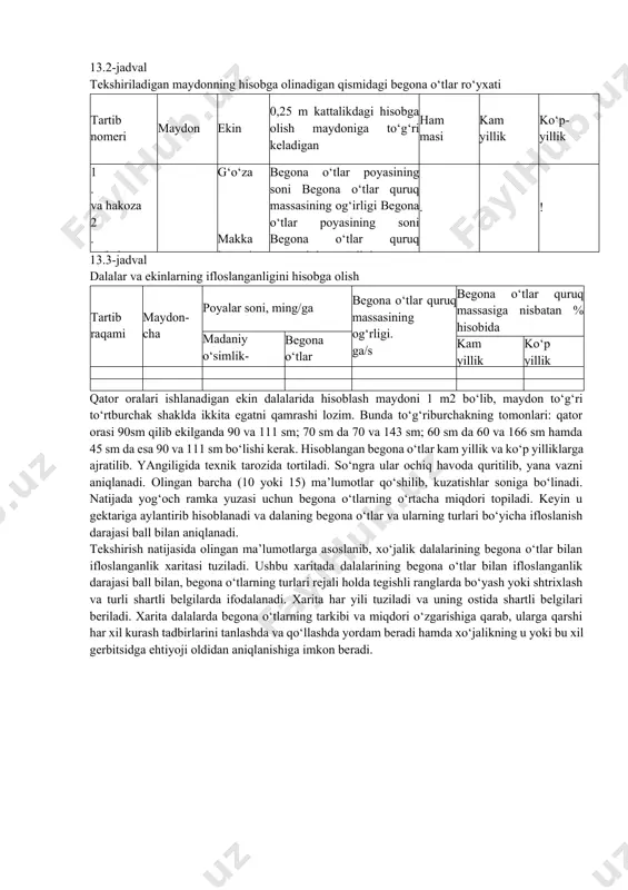 ularning ekinlar bo‘yining 1/4 qismidan oshmaydi. ikkinchi (o‘rta) yarus bo‘yi ekinlar poyasi bo‘yining yarmidan ko‘prog‘iga teng yoki ular bilan baravar boigan begona o‘tlar. uchinchi (yuqori) yarus bo‘yi ekinlar bo‘yidan yuqori bo‘lgan begona o‘tlar. maydon (ekin) ifloslanganligining umumiy balli, yaruslilik ekin gullashi davrida yoki uni yig‘ib-terib olishdan oldin belgilanadi 13.1-jadval begona o‘tlarning kuzatish vaqtidagi tavsifnomasi begona o‘tning nomi biologik guruhi sm bo‘yi, sm yarusliligi rivojlanish fazasi ball begona o‘tlarni aniq usul bilan hisobga olish texnikasi dalalarning begona o‘tlar bilan ifloslanganlik darajasini aniq usul bilan hisobga olish muhim ahamiyatga ega. lekin aniqlashning bu usuli juda qiyin va ko‘p vaqtni talab qiladi. shuning uchun ishlab chiqarish sharoitida mazkur usul juda kam qo‘laniladi, shunga ko‘ra, tajriba dalalarida begona o‘tlar bilan ifloslanganlik darajasini hisobga olishda, asosan, miqdoriy og‘irlik usuli qo‘laniladi. bu usulda ishlar quyidagi tartibda amalga oshiriladi: 1) 0,25, 0,5 va 1 m2 kattalikdagi yog‘och ramka olinadi va dalaning ikki diagonali bo‘ylab 10-15 marta qo‘yiladi. …