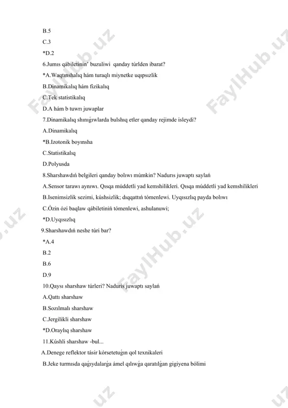 qábiletiniń tómenlewi, ashulanuwi; *d.uyqısızlıq 9.sharshawdıń neshe túri bar? *a.4 b.2 b.6 d.9 10.qaysı sharshaw túrleri? naduris juwaptı saylań a.qattı sharshaw b.sozılmalı sharshaw c.jergilikli sharshaw *d.oraylıq sharshaw 11.kúshli sharshaw -bul... a.denege reflektor tásir kórsetetuǵın qol texnikaleri b.jeke turmısda qaǵıydalarǵa ámel qılıwǵa qaratılǵan gigiyena bólimi c.fizikalıq shınıǵıwlar járdeminde keselliklerdiń aldın alıw, emlew hám reabilitatsiya qılıw sisteması *d.ótken dáwir salıstırǵanda qısqa múddetli jumıs, eger jumıstıń intensivligi fizikalıq tayarlıq dárejesine sáykes keledi 12.sozılmalı sharshaw - bul ne? *a.jumistan keyin tiklenealmag’anliqtin natijesinde b.otken dáwir salıstırǵanda qısqa múddetli jumıs, eger jumıstıń intensivligi fizikalıq tayarlıq dárejesine sáykes keledi c.baylanıslı emes oraylıq basqarıw apparatı menen de, jergilikli háreketlerdi tártipke salıwdıń strukturalıq elementleri: terminallar háreket nervleri, nerv-muskul sinapslari d.olementlar almaslawı 13.jergilikli sharshaw - bul a.jumistan keyin tiklenealmag’anliqtin’ natijesinde b.ótken dáwirge salıstırǵanda qısqa múddetli jumıs, eger jumıstıń intensivligi fizikalıq tayarlıq dárejesine sáykes keledi *c.baylanıslı emes oraylıq basqarıw apparatı menen de, jergilikli háreketlerdi tártipke salıwdıń strukturalıq elementleri: terminallar háreketleniw nervleri, nerv-muskul …