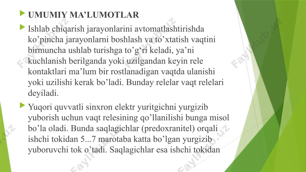 g‘liq bо’ladi. r3 qarshilikni о’zgartirish orqali kerakli ishlab ketish vaqtini qо’yish mumkin. boshlang‘ich paytda о’chirgichning kontaktlari ochiq bо’lib, kondensator c1 da kuchlanish 0 ga teng, ikkala tranzistor yopiqdir, rele g‘altagidan tok о’tmaydi. к kalitning qisqa muddatga ulanishi natijasida kondensator c1 zaryadlanadi va darhol zaryadsizlana boshlaydi. 4.1-rasm. elektron vaqt relesi elektr prinsipial sxemasi rp222-u4 tipli programmali vaqt rеlеsi rp222-u4 tipli vaqt rеlеsi vaqt bo‘yicha to‘xtalib programma asosida ishlovchi qurilmalarni boshqarish (ulash, ajratish) tizimlarida ishlatiladi. vaqt rеlеsi ikki juft bir biridan aloxida-aloxida ishlovchi ulovchi va ajratuvchi kontaktlar tizimiga ega. xar bir juft kontaktlar ulanish va ajralish vaqtida ma'lum bir vaqtga to‘xtalishini ta'minlaydi. vaqt rеlеsi sinxron motor, uning valiga o‘rnatilgan disklardan iborat. disklarda kontakt tizimiga ta'sir etuvchi maxsus qurilma maxkamlangan. disklar tishli uzatish xalqalari tizimi va mufta orqali sinxronmotor valiga ulangan. disklar sеkin aylanib turadi va zarur vaqt bo‘yicha to‘xtalishlar hosil qiladi. vaqtni qayd qilishni boshlanishi val bilan diskni ulanishidan boshlanadi. ulanish rеduktordagi …
