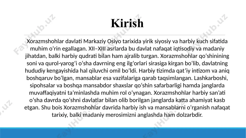 an qo‘shni davlatlarga katta ta’sir ko‘rsatgan hamda davlatning hududiy kengayishiga xizmat qilgan. harbiy mansablar va ularning vazifalari xorazmshohlar davrida qo‘shin boshqaruvi aniq tartibga solingan bo‘lib, har bir mansabdor shaxsning vazifasi belgilangan edi. lashkarboshi eng yuqori harbiy lavozim bo‘lib, u butun qo‘shinning umumiy boshqaruvini amalga oshirgan. uning qo‘l ostida sipohsalar turli qismlarni boshqargan. harbiy mansablarning aniq taqsimoti qo‘shin ichida tartib va intizomni ta’minlagan. qo‘shinda shuningdek, qo‘shin to‘plovchi mansabdorlar, otliq qo‘shinga javobgar amaldorlar va qamal qurollariga mas’ul bo‘lgan zobitlar ham bo‘lgan. harbiy mansabdorlar nafaqat janglarda, balki tinch davrda ham askarlarni tayyorlash, ularni qurol-yarog‘ bilan ta’minlash va tartibni saqlash ishlarini bajargan. bu tizim xorazmshohlar davlatining harbiy qudratini mustahkamlashda muhim ahamiyat kasb etgan. xorazmshohlar davlati janglarda ilg‘or strategiya va taktikalardan foydalangan. otliq qo‘shinlarning tezkor hujumlari, soxta chekinish usullari, kamonchilarning uzoq masofadan zarba berishi keng qo‘llanilgan. bundan tashqari, qamal janglarida minoralar, katapultlar va boshqa harbiy texnikalar ishlatilgan. xorazmshohlar janglarda ko‘pincha qo‘shinni turli qanotlarga bo‘lib, markaziy …