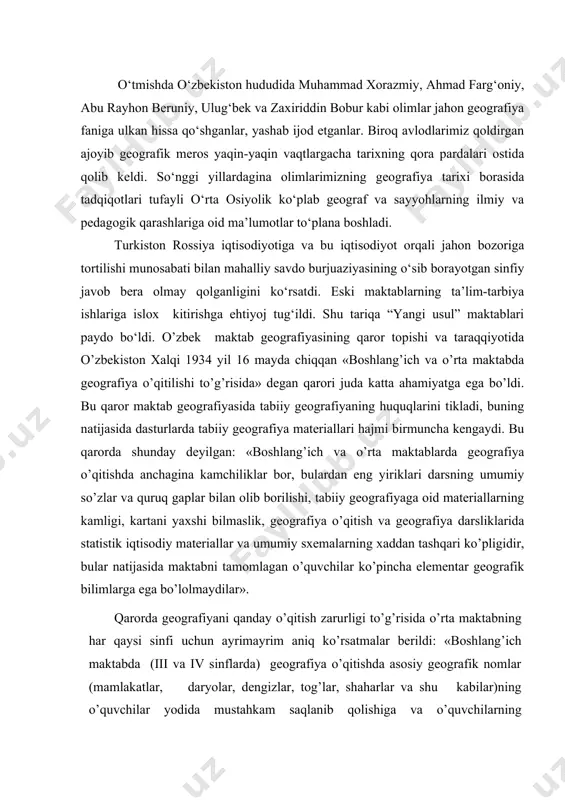 belgilangan hajmda yaxshi bilib olishlariga muvaffaq bo’lsin. o’rta maktab geografiya ta’limiga quyidagi o’zgarishlar kiritilsin: a) v sinf dastursi tabiiy geografiya bilan cheklansin va dasturning belgilangan hajmi saqlansin, lekin dasturning mundarijasi v sinf o’quvchilarining bilimlariga muvofiq ravishda osonlashtirilsin; b) vi sinf dastursida asosiy diqqat qit’alarning (evropa, osiyo, amerika, afrika, avstraliya) tabiiy geografik obzoriga qaratilsin, har bir qit’adagi eng muhim davlatlar to’g’risida qo’shimcha ravishda asosiy ma’lumotlar berilgan. o`qitish materiallari shu sinf o’quvchilarining ishlarga muvofiq ravishda kisqartirilsin va soddalashtirildi. v) vii sinf dastursida o’zbekistonning umumiy tabiiy geografik obzori qoldirilsin va hajmi ancha oshirilsin, dasturning o’qish materiali juda osonlashtirilsin, iqtisodiy va statistika tafsilotlari olib tashlanib, o’zbekistonning respublika, o’lka va oblastlar bo’yicha obzori kiritilsin va shu bilan birga bu obzorlar har bir respublika, o’lka va oblastning geografik (daryolar, ko’llar, dengizlar, iqlim, o’simlik va hayvonot dunyosining, eng yirik shaharlar aholisining, temir yo’llar, tosh yo’llar va boshqalarning) ta’rifi kiritilsin. 1934 yil 16 may qarori ta’limtarbiyada geografiya naqadar …