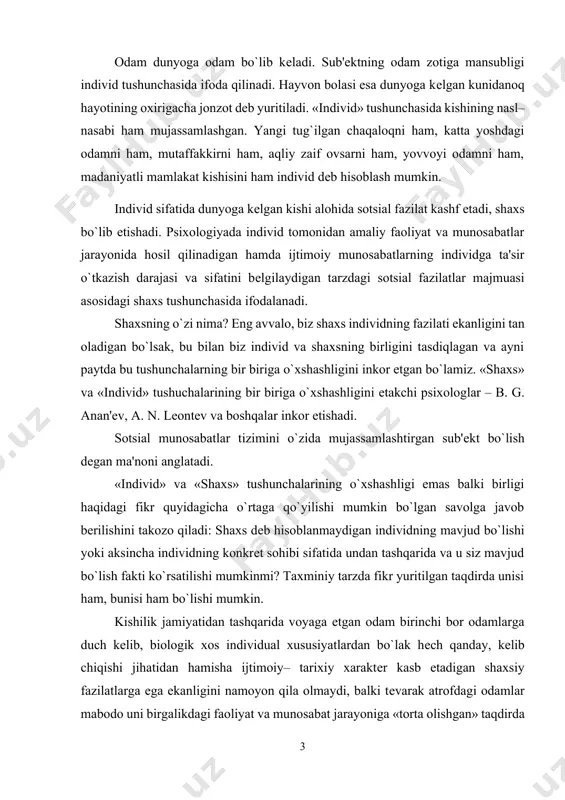uch kelib, biologik xos individual xususiyatlardan bo`lak hech qanday, kelib chiqishi jihatidan hamisha ijtimoiy– tarixiy xarakter kasb etadigan shaxsiy fazilatlarga ega ekanligini namoyon qila olmaydi, balki tevarak atrofdagi odamlar mabodo uni birgalikdagi faoliyat va munosabat jarayoniga «torta olishgan» taqdirda ularni paydo bo`lishi uchun zarur tabiiy shart–sharoitlargagina ega bo`ladi. hayvonlar orasida tarbiyalangan bolalar tajribasini o`rganish bu vazifani amalga oshirishning g`oyat darajada murakkabligidan dalolat beradi. «individ» va «shaxs» tushunchalarining bir biriga mos kelmasligi va aynan o`xshash emasligi faktidan shu narsa ayonki, shaxs tushunchasi birgalikdagi faoliyatning har bir ishtirokchisi uchun ushbu faoliyatning mazmuni, qadriyatlari va mohiyati orqali namoyon bo`ladigan shaxslararo barqaror bog`lanishlar tizimidagina anglanilishi mumkin. tashqaridan shunchaki qaraganda bu sub'ek–sub'ekt munosabatidek ko`rinadi, chuqurroq yondoshadigan bo`lsak bevosita sub'ekt–sub'ek aloqasi shunchaki o`zicha mavjud bo`lishidan ko`ra ko`proq allaqanday ob'ektlar (moddiy yoki xayoliy) ob'ektlar vositasida namoyon bo`lishi aniqlanadi. bu individning boshqa individga munosabati faoliyat ob'ekti (sub'ekt–ob'ekt–sub'ekt) orqali namoyon bo`ladi, demakdir. aytganlarning hammasi shaxsni faoliyatda va munosabatda tarkib …