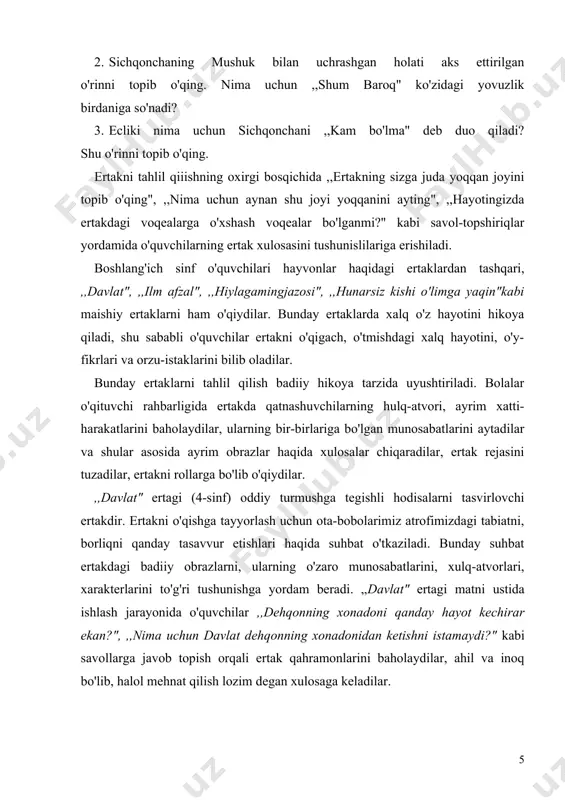 hi ertak mazmunini o'zlashtirib olgandan so'ng, lining tili ustida ishlashga alohida ahamiyat qaratilishi zarur. ertak mazmunini qayta hikoyalashda, qahramonlarga tavsif berishda o'quvchilarning o'z nutqida til vositalaridan o'rinli foydalanish talab qilinadi. til vositalaridan foydalanish uchun talab va vaziyat, ehtiyoj yaratish zarur. ertak tilida shunday so'z va iboralar borki, ular bolaga o'zgacha ta'sir ko'rsatadi. masalan, ,,yo'lbars, tulki va bo'ri" ertagida ,,tog' echkisi siz ulug'imizniki bo'lsin", ,,quyon siz podshohimizning ertalabki nonushtangiz bo'lsin", ,,kiyik kechqurungi taomingiz, qo'y kunduzgi xo'ragingiz bo'lsin" kabi gaplar tarkibidagi ajratib ko'rsatilgan so'zlarga o'quvchilar diqqati qaratilib, ertakni so'zlab berayotganda ulardan nutqda foydalanishlariga erishish zarur. ertaklarda keltirilgan maqol'ar ustida ishlash, ularda ilgari surilayotgan g'oyalarni bolalar ongiga yetkazish, yod oldirish yo'li bilan bog'lanislili nutqni o'stirish, nutqning ta'sirchanligini oshirish lozim. masalan, ,,rostgo'y tola" (1-sinf) ertagida bola o'z rostgo'yligi bilan podshoga ma'qul bo'lganligi hikoya qilingan. ertak g'oyasiga mos xulosa esa ,,boshingga qilich kelsa ham to'g'ri gapir" maqoli bilan ifodalangan. o'quvchilar ushbu maqol mazmunini tushunib olishsa, …