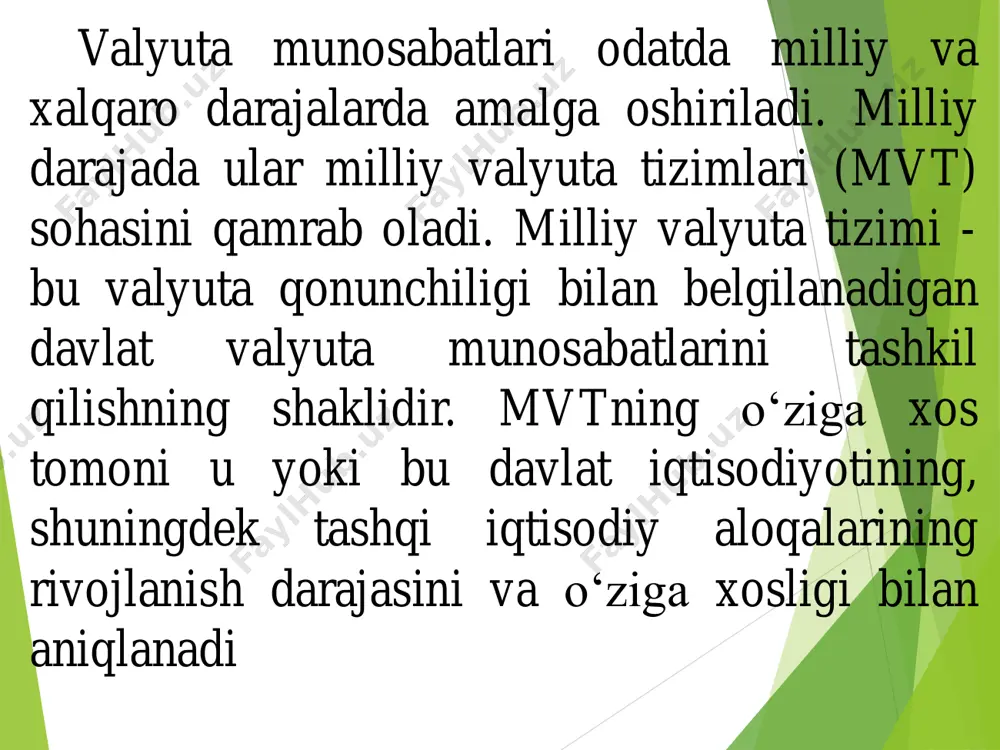 yuta komponentlarining о‘lchovi, valyutalarning dollarga nisbatan bozor kursiga bog‘liq. ekyu yaratishdan maqsad - ayrim yeiga a’zo davlatlarni valyuta kurslarining barqarorligiga erishish edi. ekyuni yaratishning undagi muhim tomonlaridan biri aqsh dollarining oltinni о‘rnini bosish uchun yetarli darajada ishonchli emasligidir. 5.4. yevropa valyuta tizimi yevropa iqtisodiy hamjamiyatining tuzilishi yagona yevropa valyutasini yaratishni kо‘zda tutmagan edi. ammo 70-yillarning о‘rtalariga kelib yagona valyuta ittifoqini tuzish yо‘llarini qidirish faollashdi. yevropa hamjamiyati liderlari nafaqat aqsh dollariga muqobil valyuta birligini yaratish, balki valyuta intervensiyasini amalga oshirish, valyuta о‘zgarishlarini davlat tomonidan nazorat qilishni amalga oshirishga harakat qildilar. murakkab muzoqaralar natijasida yei doirasida 1979 -yilning martida yevropa valyuta tizimi (yevt) tashkil topdi. yevt - umumiy iqtisodiy munosabatlarni namoyon qiluvchi, iqtisodiy integrasiya doirasida milliy valyutalarning ishlashi bilan bog‘liq bо‘lgan xalqaro (mintaqaviy) valyuta tizimidir. yevt - jaҳon valyuta tizimining eng muҳim tarkibiy qismi bо‘lib ҳisoblanadi. yevropa valyuta tizimini yaratilish tarixining asosiy bosqichlari quyidagilardan iborat. 1972 yilda yeihning, vazirlar kengashi hamjamiyatiga kiruvchi …