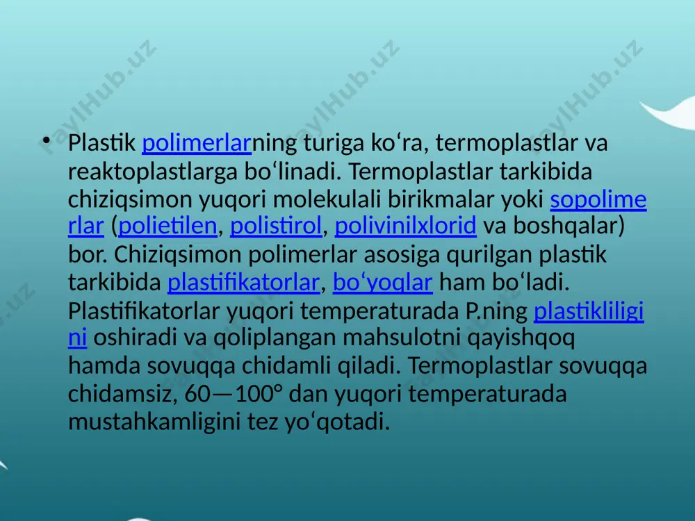 p.ni keng koʻlamda ishlab chiqarishga imkon berdi. p. xossasiga koʻra, quyidagilarga boʻlinadi: kauchuklar — keng temperatura oraligʻida qayishqoklik xossasini yoʻqotmaydigan p.; plastmassalar — yuqori temperaturada yumshaydigan va keng temperatura oraligʻida juda puxta, qattiq, nisbatan qayishqoq p.; sintetik tolalar — yuqori temperaturada (180—200°) yumshaydigan va shu temperaturada puxta ip boʻlib choʻziladigan p.; lok va boʻyoqlar — yeyilishga chidamli, metall, yogʻoch va shishaga yopishadigan, atmosfera va mexanik taʼsirlarga chidamli p. polimerlarning xossasi turlicha bulganligidan ular kora va rangli metallar, yogʻoch, tosh, suyak, shisha va boshqa urnida ishlatiladi. baʼzi bir sintetik p. ion alma-shuvchi smolalar, qon plazmasi oʻrin-bosari sifatida, tuproqni strukturalashda va boshqalarda qoʻllanadi. polimer kimyosi polimer xossalari plastmassa zichligi (0,85—1,8 g/sm³) kichik, elektr va issiqlik oʻtkazish qobiliyati juda past material hisoblanadi. mexanik mustahkamligi ham yuqori darajada emas. isitish jarayonida eriydi. namlikka, asoslar va kislotalar taʼsiriga chidamlidir. eritgichlar turiga qarab har xil taʼsir qilishi mumkin. foydalanilgan adabiyotlar askarov m. a., jalilov a. t., …