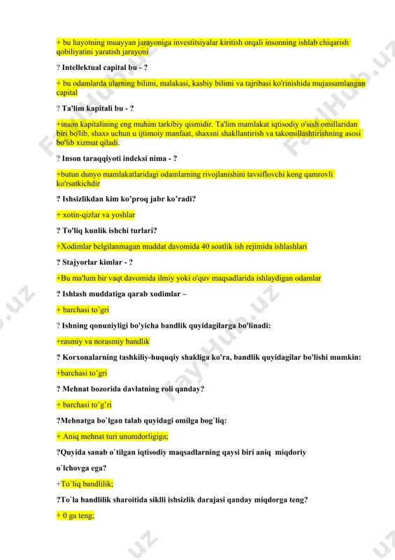 anday? + barchasi to’g’ri ?mehnatga bo`lgan talab quyidagi omilga bog`liq: + aniq mehnat turi unumdorligiga; ?quyida sanab o`tilgan iqtisodiy maqsadlarning qaysi biri aniq miqdoriy o`lchovga ega? +to`liq bandlilik; ?to`la bandlilik sharoitida siklli ishsizlik darajasi qanday miqdorga teng? + 0 ga teng; ? universitetni bitirib, ish qidirayotgan talaba ishsizlikning qanday turiga kiradi? + friktsion ishsizlikka; ? ishsizlikning qaysi turi tabiiy ishsizlik hisoblanmaydi? +siklli ishsizlik; ? investitsiyaning ko`payishi, ishsizlikning qisqarishi va ishlab chiqarishning nisbatan ko`payishi iqtisodiy siklning qaysi fazasiga ta'luqli? =yuksalish; ?tarkibiy inqirozni keltirib chiqaruvchi asosiy sabab nima? +xalq xo`jaligi ayrim tarmoqlari va sohalarining rivojlanishidagi chuqur nomutanosibliklar; quyidagilardan qaysi biri iqtisodiy resurslar tarkibini to`liq aks ettiradi? +kapital, yer, ishchi kuchi va tadbirkorlik layoqati; #mehnat unumdorligi qanday aniqlanadi? + mahsulot miqdorini uni ishlab chiqarishga sarflangan ish vaqtiga nisbati bilan; ?ishchi kuchi tushunchasining mazmunini aniqlang: + insonning mehnat qilishga bo`lgan aqliy va jismoniy qobiliyatlari yig`indisi; # ishlab chiqarish jarayoni nima? +moddiy va ma'naviy ne'matlarni …