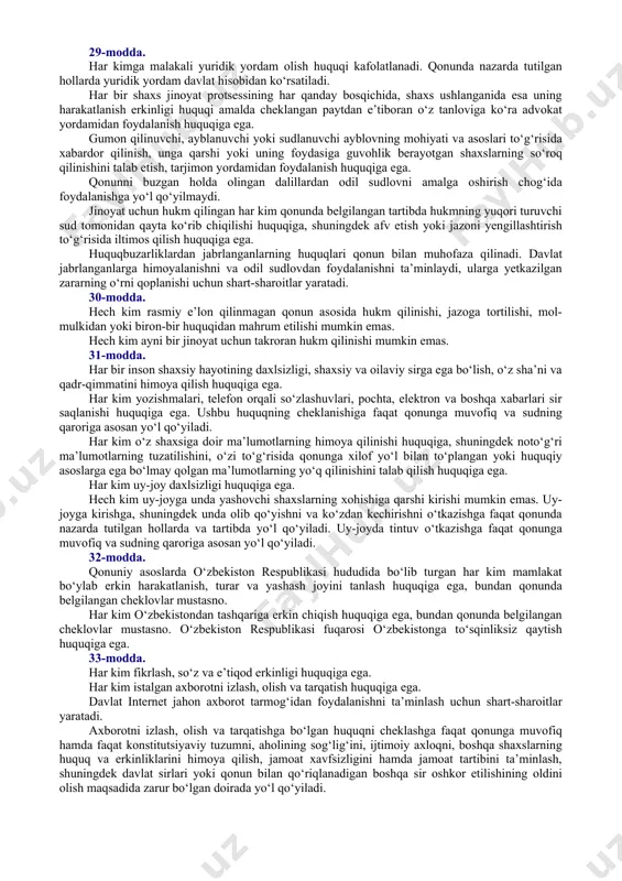 millati, tili, dini, e’tiqodi, ijtimoiy kelib chiqishi, ijtimoiy mavqeyidan qat’i nazar, qonun oldida tengdirlar. imtiyozlar faqat qonunga muvofiq belgilanadi va ijtimoiy adolat prinsiplariga mos bo‘lishi shart. 20-modda. o‘zbekiston respublikasi fuqarosi va davlat bir-biriga nisbatan o‘zaro huquq va majburiyatlar bilan bog‘liqdir. insonning konstitutsiya va qonunlarda mustahkamlab qo‘yilgan huquq va erkinliklari daxlsizdir hamda ulardan sud qarorisiz mahrum etishga yoki ularni cheklab qo‘yishga hech kim haqli emas. insonning huquq va erkinliklari bevosita amal qiladi. insonning huquq va erkinliklari qonunlarning, davlat organlari, fuqarolarning o‘zini o‘zi boshqarish organlari, ularning mansabdor shaxslari faoliyatining mohiyati va mazmunini belgilaydi. davlat organlari tomonidan insonga nisbatan qo‘llaniladigan huquqiy ta’sir choralari mutanosiblik prinsipiga asoslanishi va qonunlarda nazarda tutilgan maqsadlarga erishish uchun yetarli bo‘lishi kerak. inson bilan davlat organlarining o‘zaro munosabatlarida yuzaga keladigan qonunchilikdagi barcha ziddiyatlar va noaniqliklar inson foydasiga talqin etiladi. 21-modda. har bir inson o‘z shaxsini erkin kamol toptirish huquqiga ega. hech kimga uning roziligisiz qonunchilikda belgilanmagan majburiyat yuklatilishi mumkin …