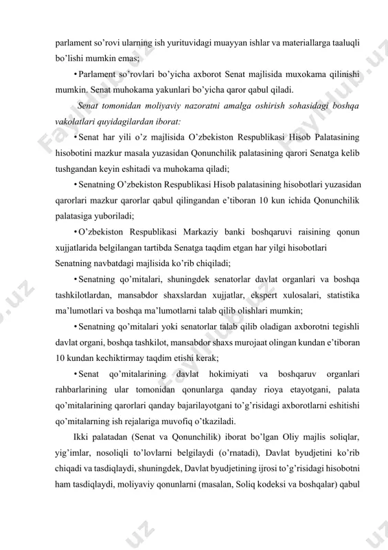 ajasini belgilash (o’rnatish) ham oliy majlis tomonidan amalga oshiriladi. 2. parlament nazoratining obyekt va subyektlari. o’zbekiston respublikasida oliy majlis palatalari tomonidan amalga oshirilayotgan parlament nazoratining asosiy yo’nalishlari quyidagilar hisoblanadi: birinchidan, o’zbekiston qonunlari, oliy majlis palatalari qarorlari ijrosi ustidan nazoratni; ikkinchidan, o’zbekiston prezidentining muhim siyosiy masalalar bo’yicha farmonlarini tasdiqlash orqali nazoratni amalga oshirishni; uchinchidan, davlat budjetini tasdiqlash va uning ijrosini nazorat qilishni; to’rtinchidan, inson huquqlariga rioya qilinishi sohasidagi nazoratni; beshinchidan, davlat organlarini shakllantirish va mansabdor shaxslarni saylash, tayinlash yoki tasdiqlash yo’li bilan nazorat shaklini amalga oshirishni; oltinchidan, parlament oldida hisobdor organlar va mansabdor shaxslarning hisobotlarini tinglash va ular faoliyati yuzasidan tegishli qarorlar qabul qilish orqali nazoratni amalga oshirishni o’z ichiga oladi. bularning barchasi davlat hokimiyatini amalga oshirishda, qonun ustuvorligini ta’minlashda, xalq hokimiyatchiligini amalga oshirishda parlamentning ustuvor ahamiyatga ega ekanligidan kelib chiqadi oliy qonun chiqaruvchi organ faoliyatini demokratlashtirish, huquqiy asoslarini takomillashtirish jarayonida davlat hokimiyati organlari tizimida parlamentning roli va ahamiyati sezilarli darajada …