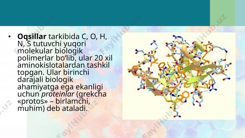 siy axborot asosida tuziladi. har bir oqsil molekulasi o‘ziga xos tuzilishga ega. oqsil molekulasi tabiiy tuzilmasining yo‘qolishi denaturatsiya deyiladi. denaturatsiyani yuqori harorat, kimyoviy moddalar, nurlanish va boshqa omillar keltirib chiqaradi. oqsil funksiyalari. biomo lekulalar orasida oqsillar funksiya larining xilmaxilligi jihatidan birinchi o‘rinda turadi. fermentativ funksiya. fermentlar plastik va energetik almashinuv reaksiyalarida katalizatorlik vazifasini bajaradi. barcha fermentlar oqsil tabiatiga ega. transport funksiyasi. umurtqali hayvonlar qonida gemoglobin, umurtqasiz hayvonlar qonida gemosianin, muskul to‘qimasida mioglobin o2 va co2ning transportini, qon plazmasi oqsili – albumin lipidlar, yog‘ kislotalari va boshqa biologik faol moddalar transportini ta’minlaydi. himoya funksiyasi. antitana, antitoksin, interferon oqsillari organizmni yot moddalardan himoya qiladi. qon tarkibidagi immunnoglobulin oqsili qonga kirgan virus va bakteriyalarni taniydi, zararsizlantiradi. toksin (zahar) funksiyasi. ayrim hayvonlar o‘zini dushmandan himoya qilish uchun maxsus zaharlar ishlab chiqaradilar. botulizm, vabo va difteriya kasalligini chaqiruvchi mikroblarning zaharlari ham oqsil tabiatga ega. nuklein kislotalar. nuklein kislotalar polimerlar bo‘lib, ularning monomerlari nukleotidlar hisoblanadi. har …