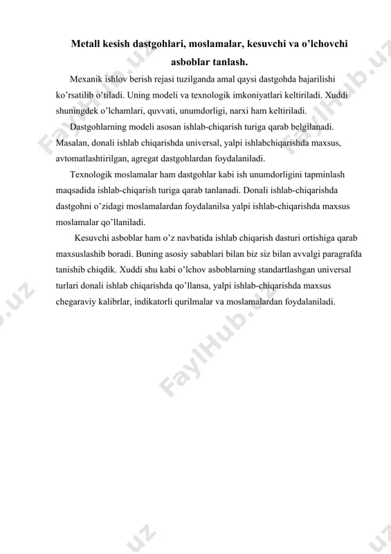 adi. uning materiali geometrik va konstruktiv parametrlari va standarti (maxsus bo’lmasa) ko’rsatiladi. 3. surishlar miqdori aniqlanadi. surishlar miqdori – s detalningng o’lchamlari, turi va kesish chuqurligiga bog’liq ravishda qabul qilinadi. uzatishlar miqdorining qabul qilingan kattaligi dastgoh pasporti bilan moslashtiriladi, ya’ni dastgoh bo’yicha kichik va yaqin miqdori qabul qilinadi. 4. kesuvchi asbobning turg’unlik davri tanlanadi. kesuvchi asbobning turg’unlik davri- t uning turiga, o’lchamlariga va ishlov berish xarakteriga bog’liq bo’ladi. 5. kesish tezligi aniqlanadi. kesish tezligini aniqlashda ishlov berilayotgan material, ishlov berish xarakteri, kesish chuqurligi, kesuvchi asbobning turi, uzatishlar miqdori inobatga olinadi. hisoblab topilgan yoki jadvallardan qabul qilingan kesish tezligi asosida dastgoh shpindelining aylanishlar soni topiladi. bu kattalik uzatishlar miqdori kabi dastgoh pasporti bo’yicha moslanadi. 6. kesish kuchining tashkil etuvchisi yoki burovchi momenti aniqlanadi. 7. kesish uchun yetarli bo’lgan quvvatni aniqlanib, bu quvvat dastgohning f.i.k. orqali uning elektrodvigateli quvvati bilan solishtirilib ko’riladi. agarda kesish uchun talab etilgan quvvat dastgoh quvvatidan katta bo’lsa, …