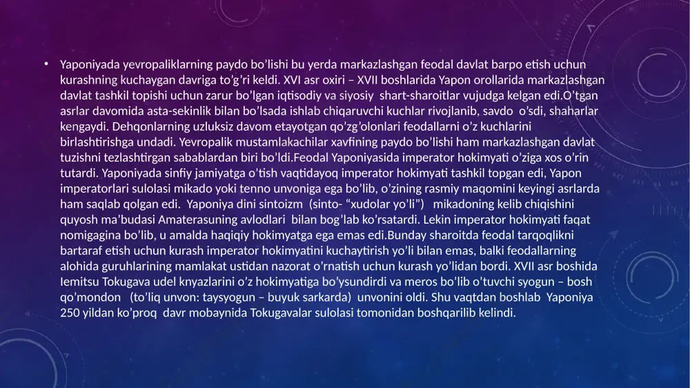 lashtirish tadbirlari, o’zaro feodal urushlarning to’xtaganligi dastlabki davrda ishlab chiqaruvchi kuchlarning rivojlanishiga ko’maklashd xviii asr o’rtalariga kelib yaponiyada iqtisodiy turg’unlik kuchayib, qishloq xo’jaligida inqiroz yuz berdi. mustabid tartiblar, hokimyat va samuraylarning o’zboshimchaligi, tsex reglamentatsiyalari hunarmandchilik va manufaktura sanoatining rivojlanishiga to’siq bo’la boshladi. feodallarning o’zboshimchaligi va dehqonlarni asoratga solish kuchayib bordi. soliqlar bir necha yil oldindan undirib olinardi. dehqonlar ommasi juda tez xonavayron bo’lib bordi. bu dehqonlarning yirik qo’zg’olonlarini keltirib chiqardi. yaponiyada dehqonlar qo’zg’olonlari xviii asrda va xix asr boshlarida keng yoyildi. xviii asr oxiridan shahar kambag’allarining feodallarga qarshi chiqishlari ham ro’y bera boshladi. osaka aholisi 1787 yilda guruch narxining juda oshib ketishiga qarshi qo’zg’olon ko’tardilar. keyinchalik “guruch isyonlari” yaponiyaning boshqa shaharlarini ham qamrab oldi. sinfiy kurashning keskinlashib borishi tokugava tartibotining inqirozini ko’rsatar edi. g’arbiy yevropada va shimoliy amerikada sanoat kapitalizmi g’alaba qozonib va mustahkamlangan bir paytda yaponiyadagi feodal tizim o’zining chuqur ichki inqirozini boshdan kechirmoqda edi. mamlakatni “yopib qo’yish” siyosatining …