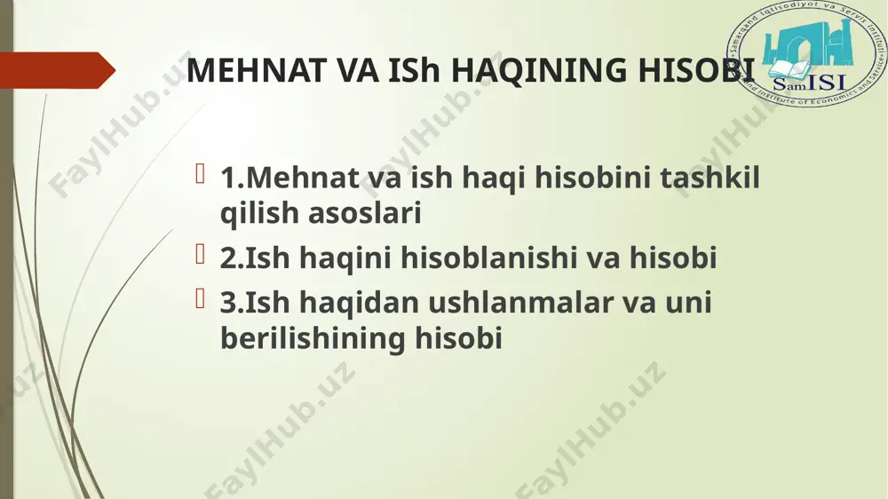 asiga bog’liq bo’ladi. ish haqining ushbu shakli ishchilar, quruvchilar, sotuvchilar va boshqa bevosita ish bajaruvchilar uchun qo’llaniladi. asosiy ish haqi deganda xodimning haqiqatda bajargan yoki ishlagan vaqti uchun hisoblangan ish haqi tushuniladi. qo’shimcha ish haqi deganda xodimga uni ijtimoiy himoya qilish maqsadida, shuningdek unga korxona faoliyatida erishilgan yutuqlar, atoqli sanalar, turli shart –sharoitlar uchun asosiy ish haqiga qo’shimcha tarzda hisoblangan to’lovlar tushuniladi. qo’shimcha ish haqiga vaqtinchalik mehnat qobiliyatini yo’qotganlik uchun hisoblangan nafaqalar, mehnat ta’tili haqi, unvon, kategoriya va boshqa ajralib turadigan tavsiflari uchun beriladigan qo’shimchalar, mukofatlar, moddiy yordamlar va kompensasiyalar kiradi mehnatga haq to’lashga asos bo’luvchi me’yoriy hujjatlar: o’zbekiston respublikasi konstitusiyasi o’zbekiston respublikasi mehnat kodeksi o’zbekiston respublikasining aholini ish bilan ta’minlash to’g’risidagi qonuni o’zbekiston respublikasi buxgalteriya hisobi to’g’risidagi qonuni «mahsulot (ish,xizmat) larni ishlab chiqarish va sotish xarajatlarining tarkibi hamda oxirgi moliyaviy natijalarni shakllantirish to’g’risida» nizom o’zbekiston respublikasi soliq kodeksi (2008 yil 1 yanvardan kuchga kirdi). o’zbekiston respublikasi buxgalteriya hisobi milliy …